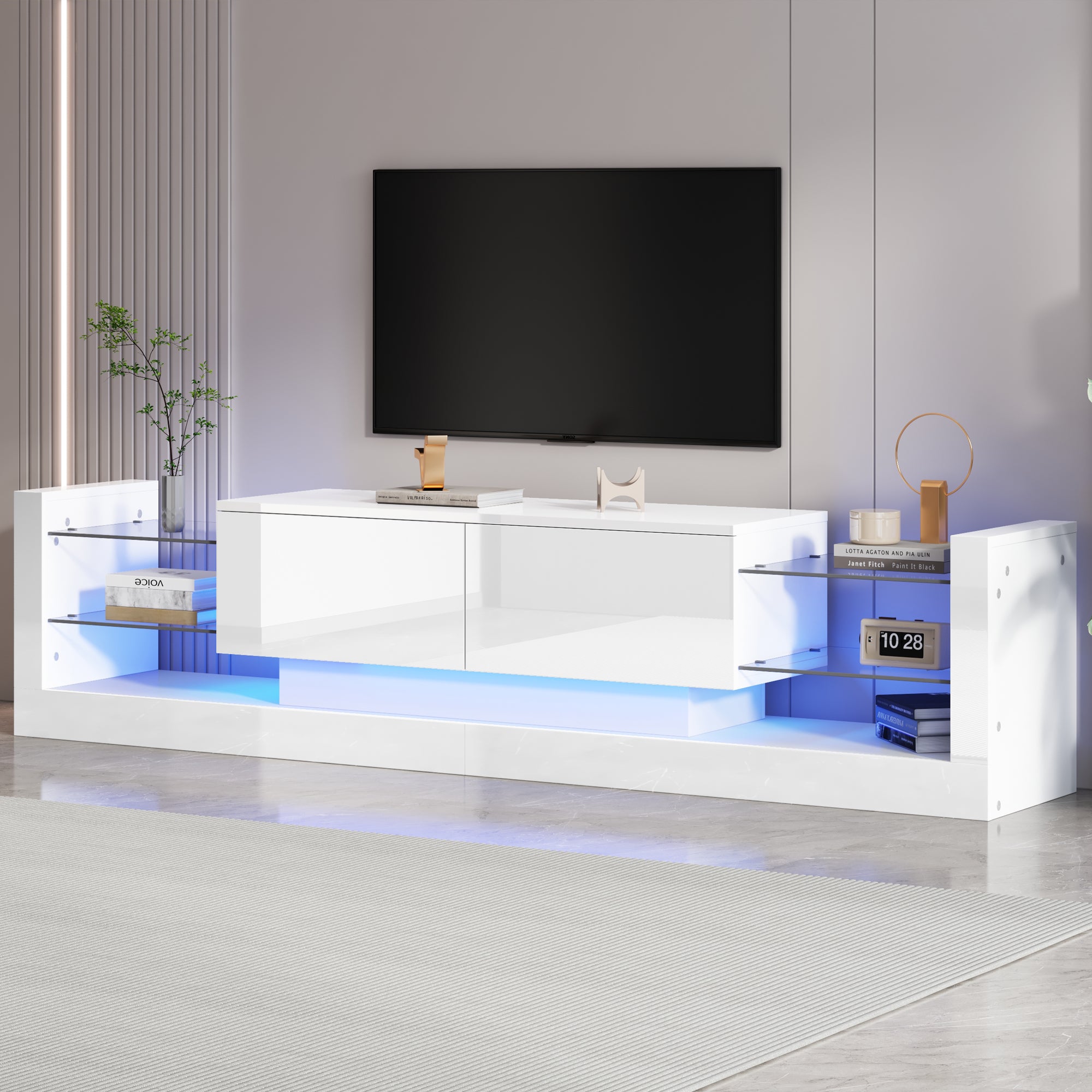 High-Gloss TV Cabinet, 181cm LED Lit, 80-inch Capacity with Glass Front and Two Folding Drawers