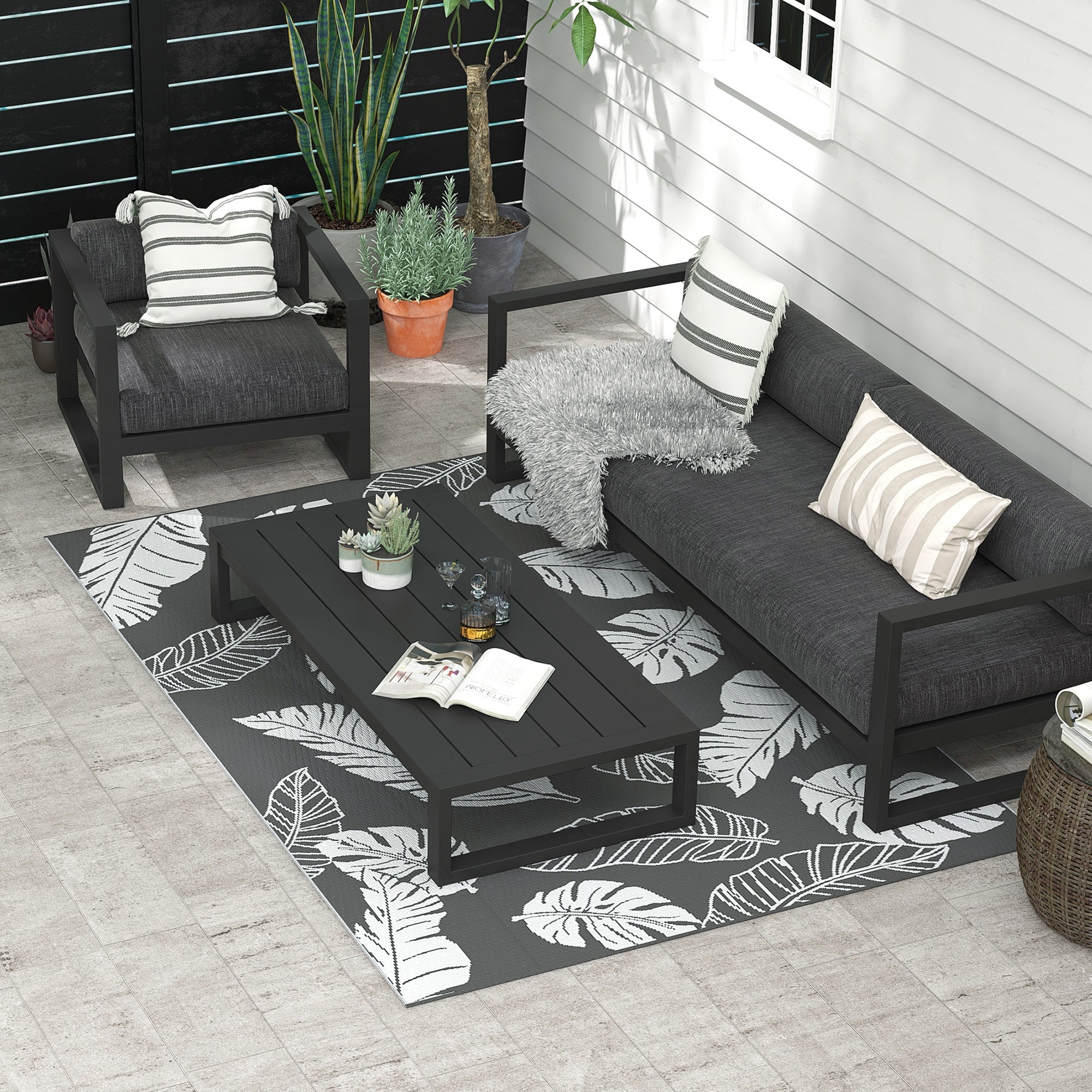 Outdoor Rug, Weatherproof Plastic, 182x274cm Double-Sided Design, Grey and White