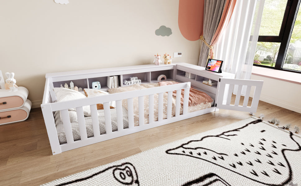 Multifunctional Children's Bed 90 x 200 cm, Storage, Safety Gate, Solid Wood, White