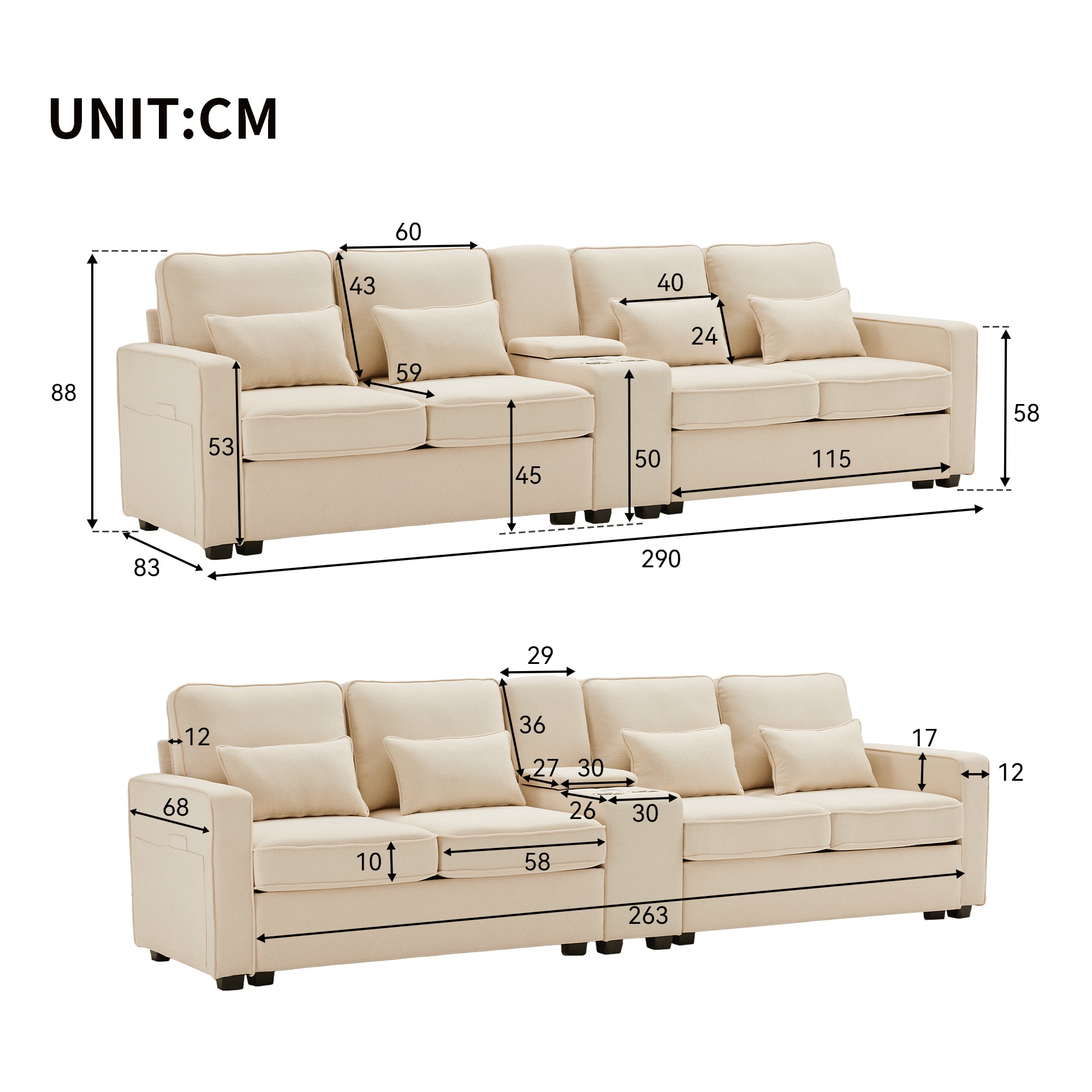 Sofa, 4-Seater with Console, Cup Holders, USB Ports, Linen Fabric