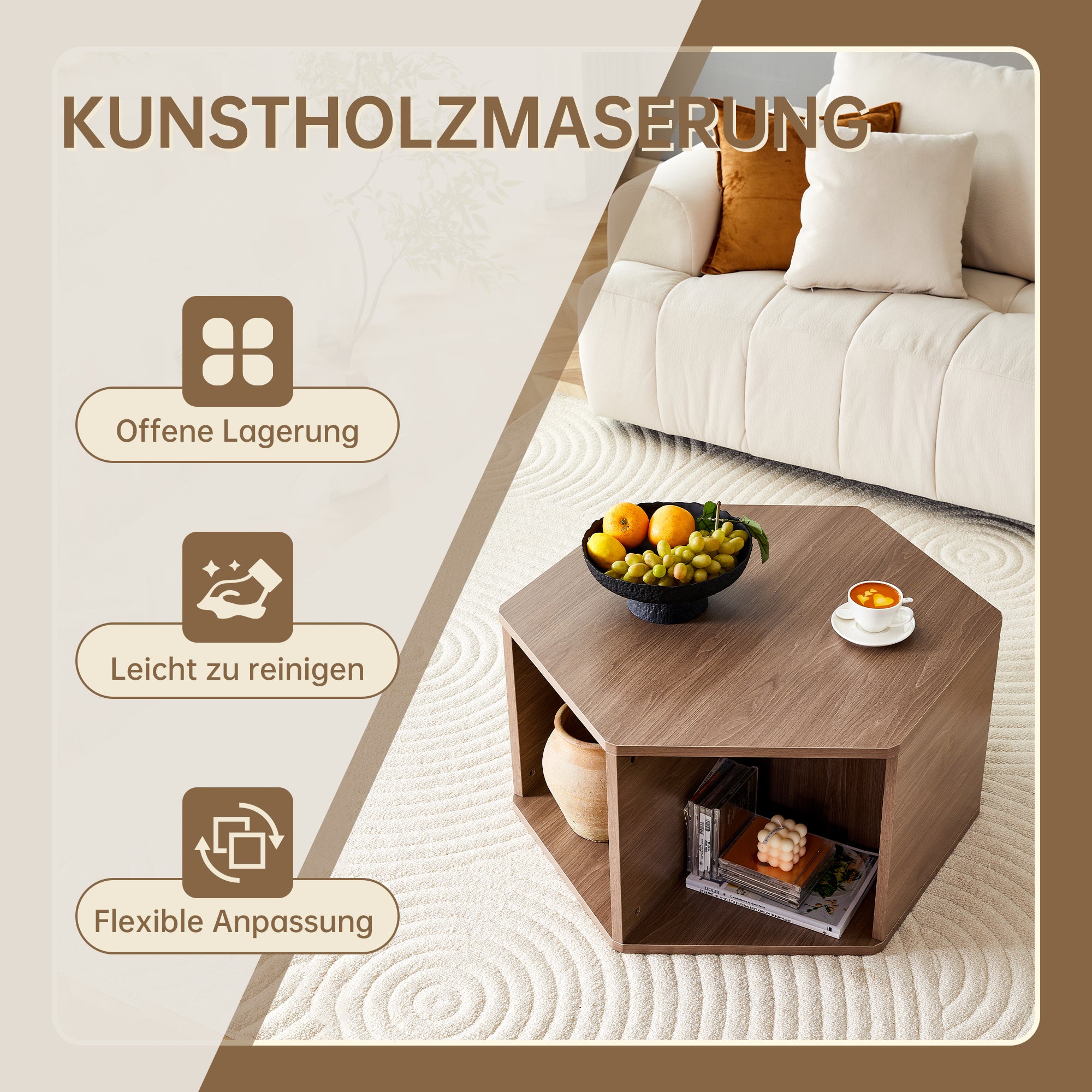 Hexagonal Coffee Table Multifunctional Modern Design 79x69.4x40 cm