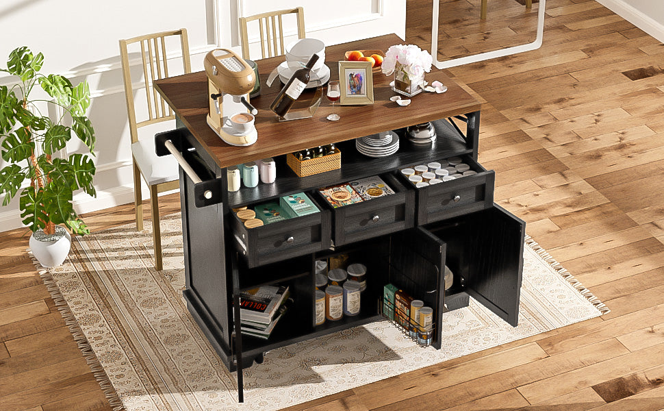 Kitchen Island Mobile Storage Cart with Dividers & Towel Rail - Wood Grain Black