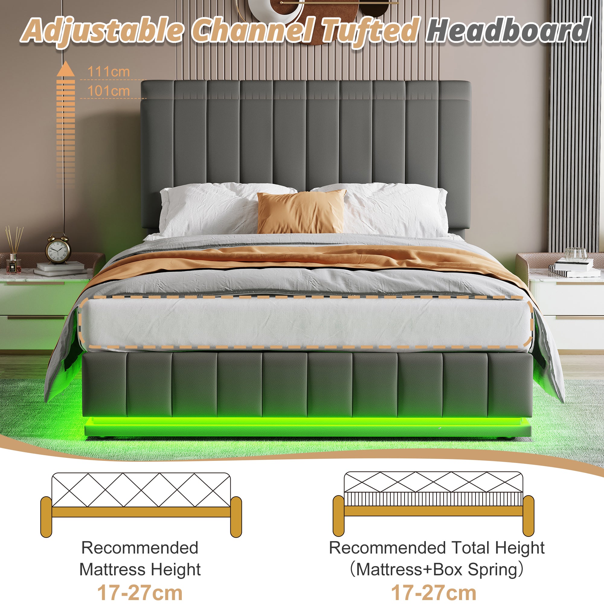 Ottoman King Bed with LED Lighting, Hydraulic Storage, and Adjustable Channel Tufted Headboard, Grey PU Leather