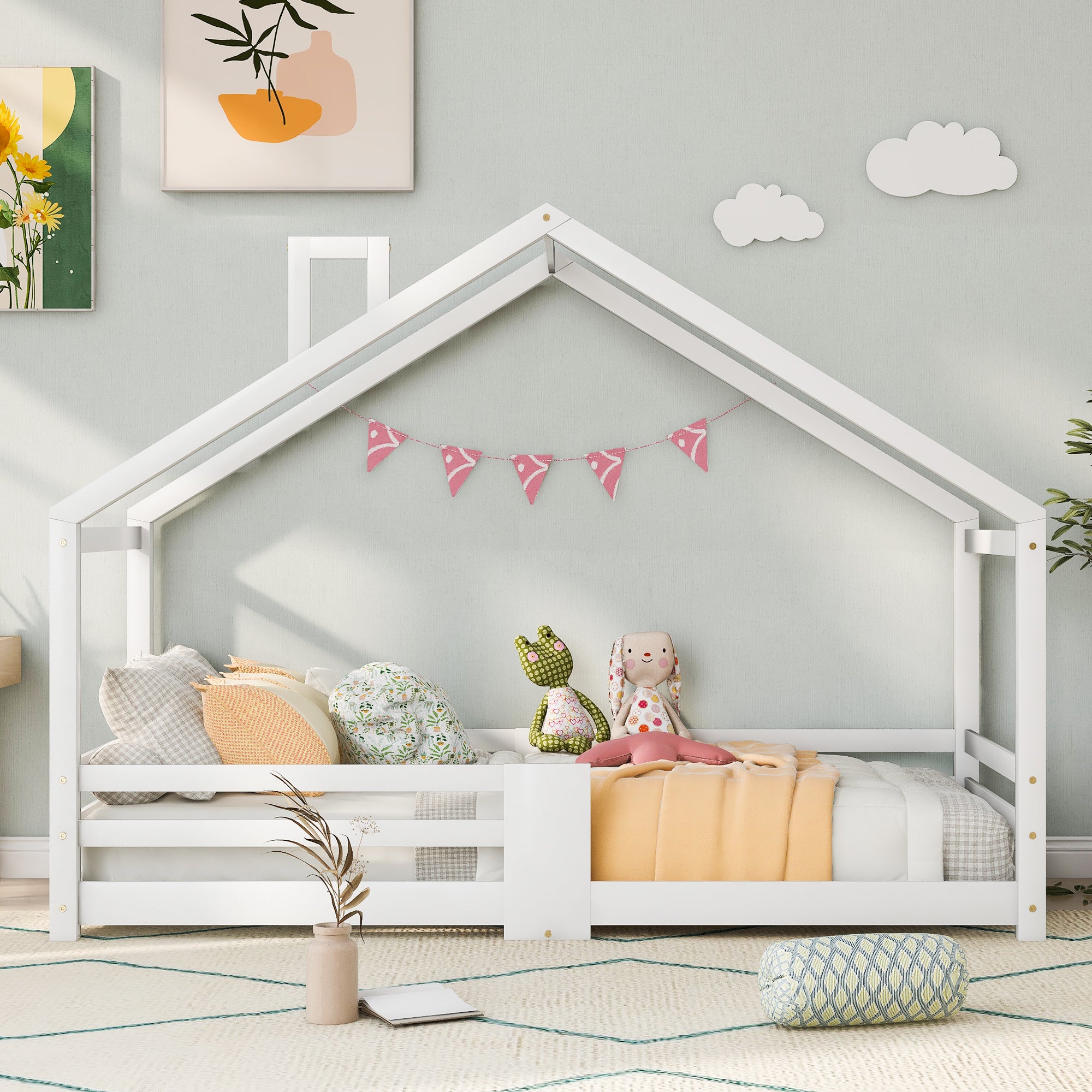 Children's Bed House Bed with Chimney, Fall Protection, Slatted Frames, Pinewood, White