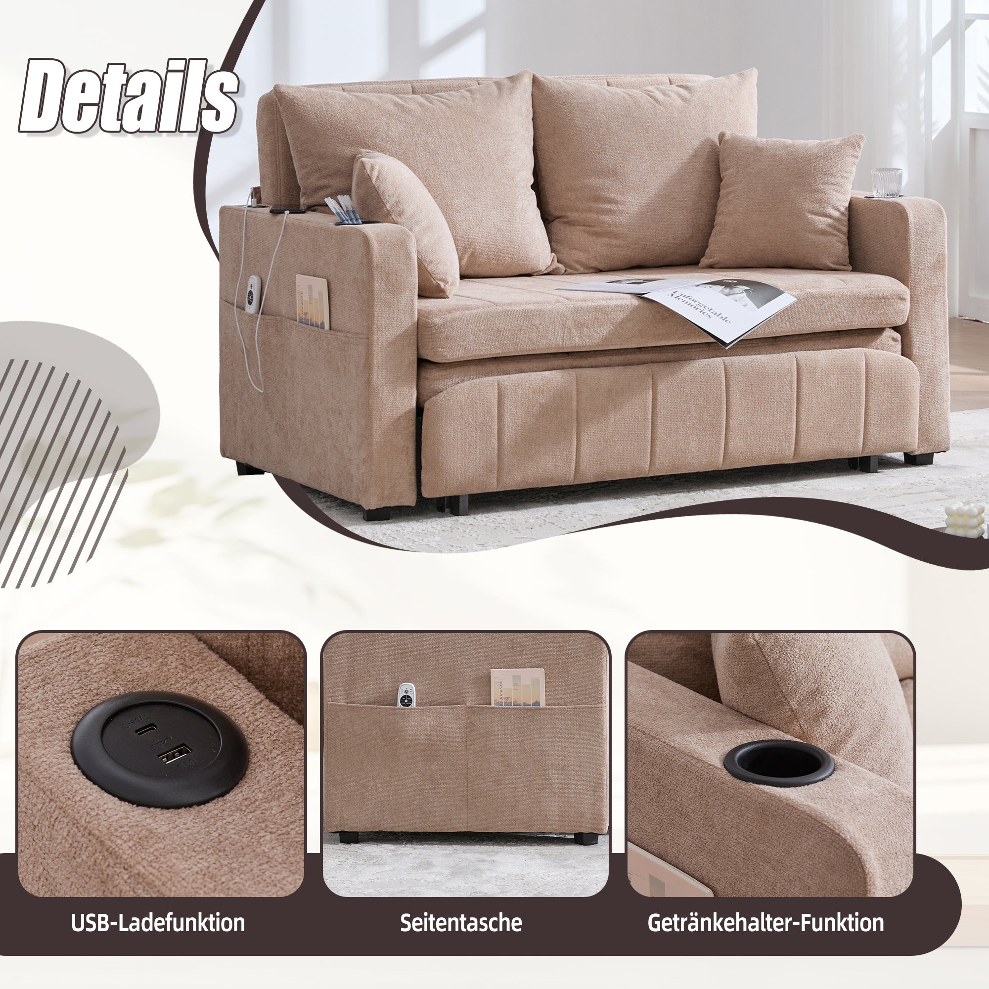Multifunctional Sofa, Folding Pull-Out with Storage & USB, Fabric
