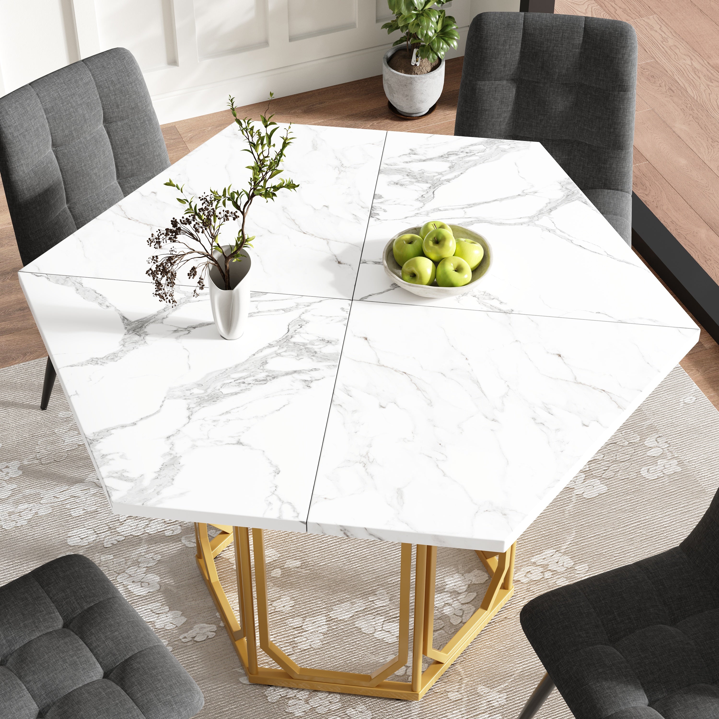 Dining Table Set 5-Piece Hexagonal Marble Top 4 Chairs, Grey