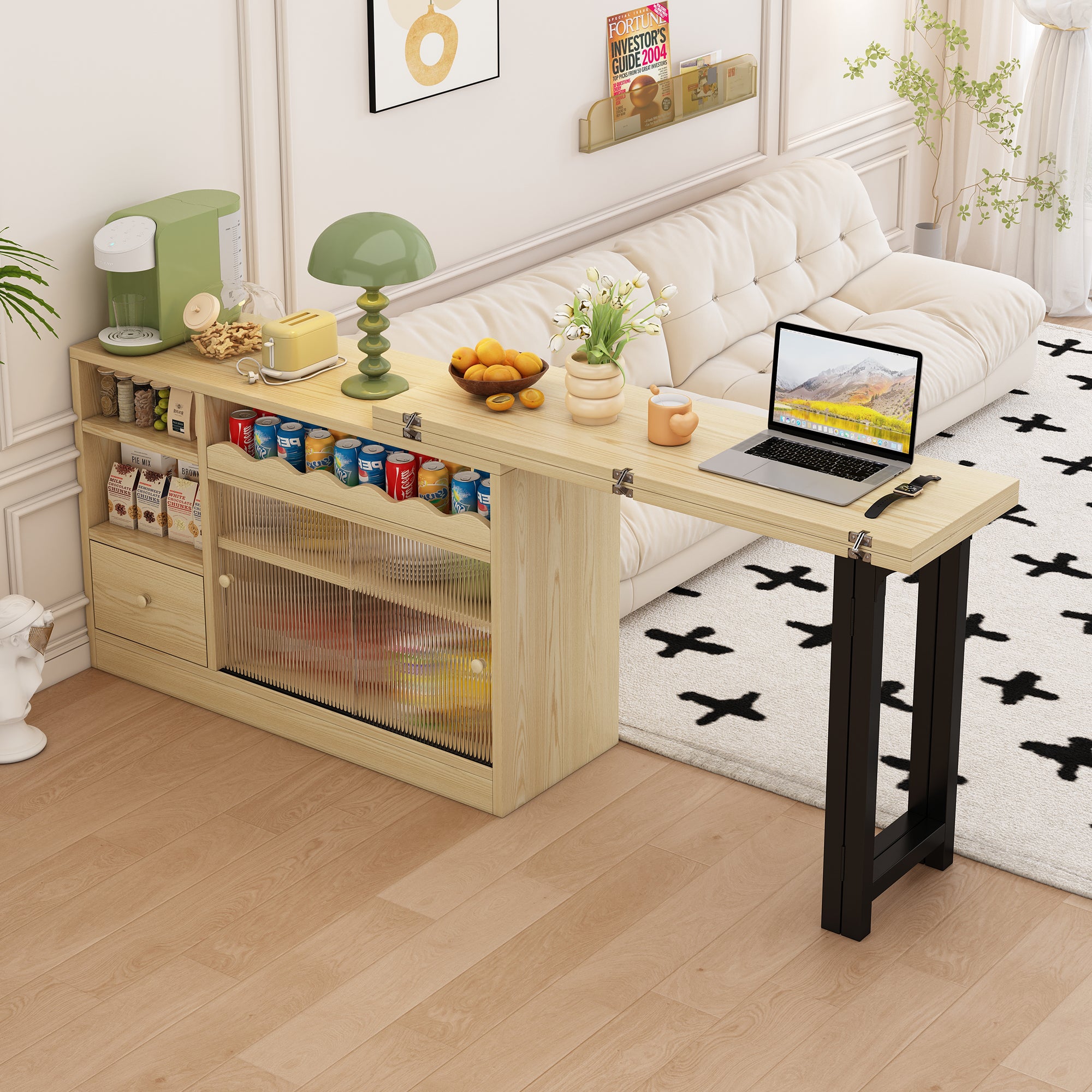 Extendable Folding Dining Table with Storage & 360° Rotation - Natural/Black