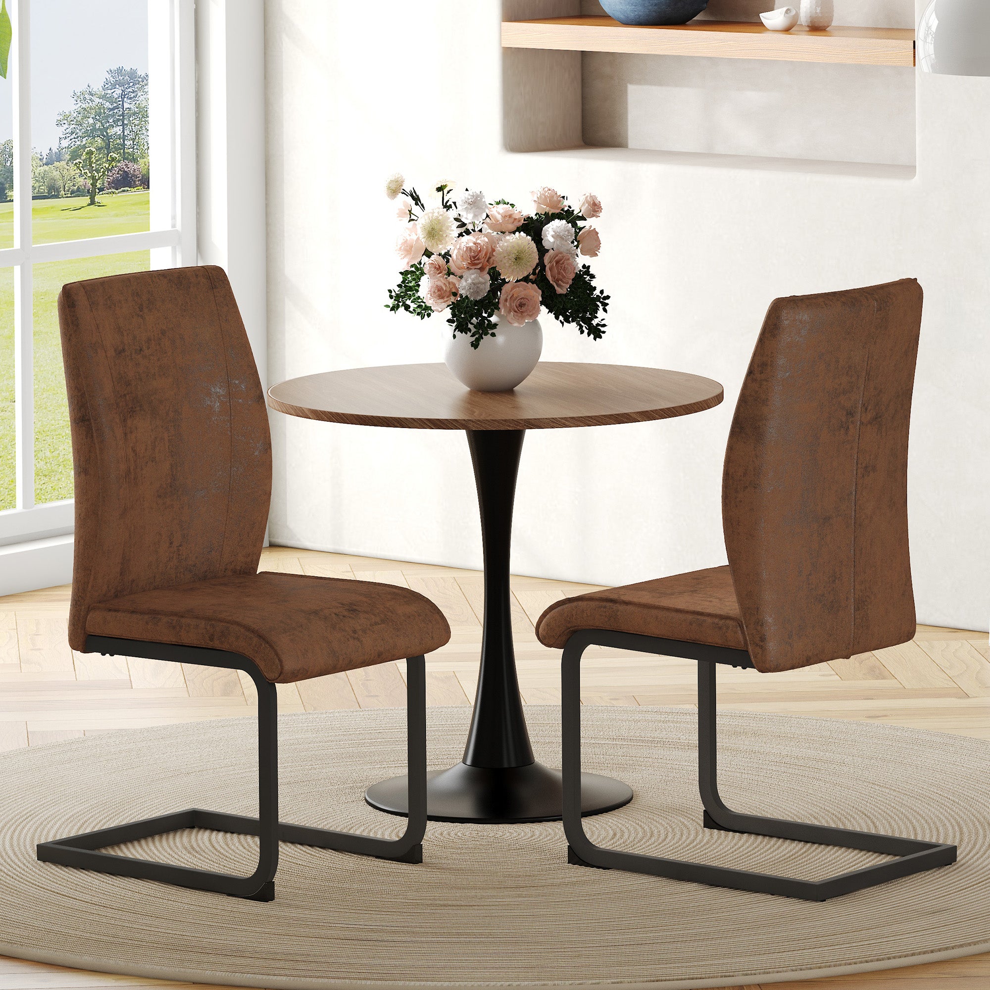 Dining Chairs Set 2-Piece Ergonomic Comfortable Design Brown Faux Leather