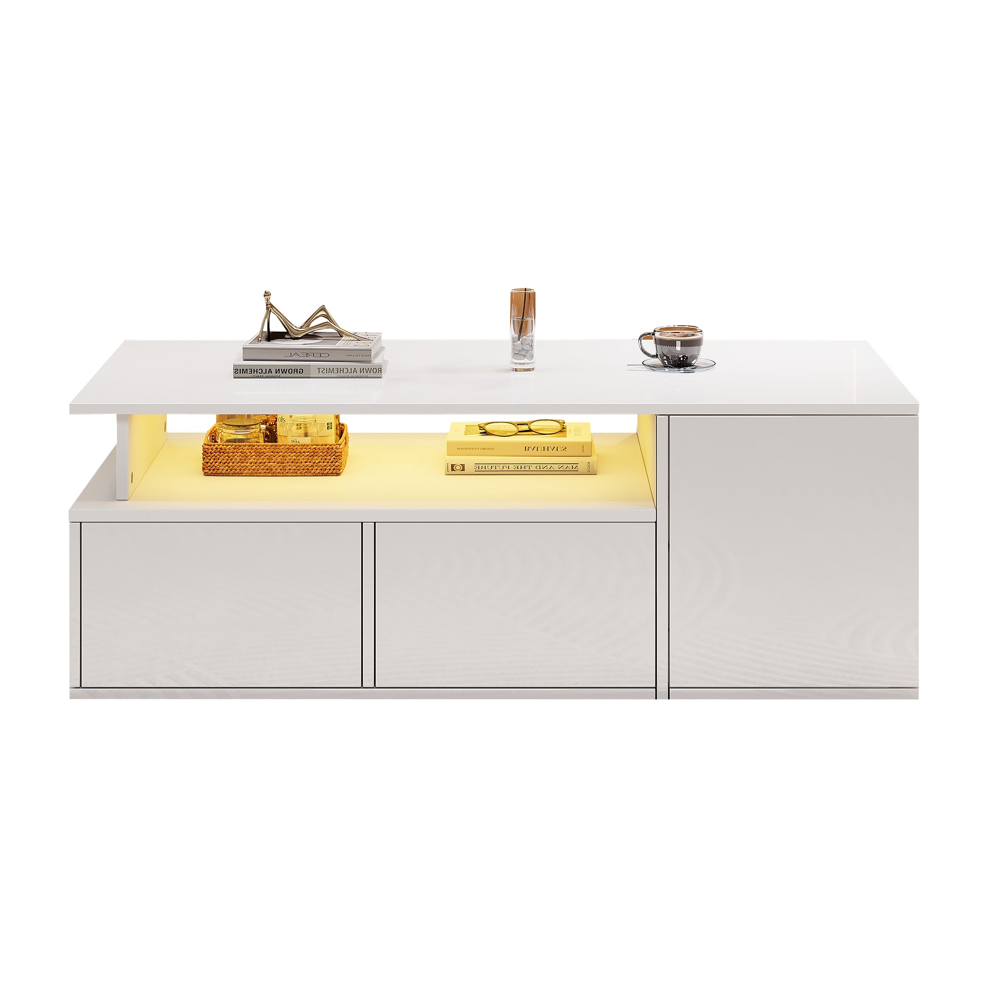 Coffee Table 100x50x35cm LED Lighting 2 Drawers, White
