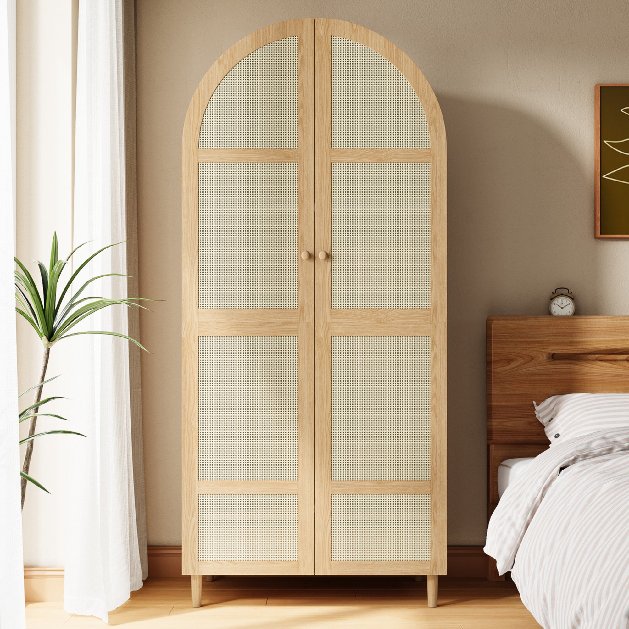 Modern Wardrobe with Curved Doors, Clothes Rail & Drawers, Natural Wood
