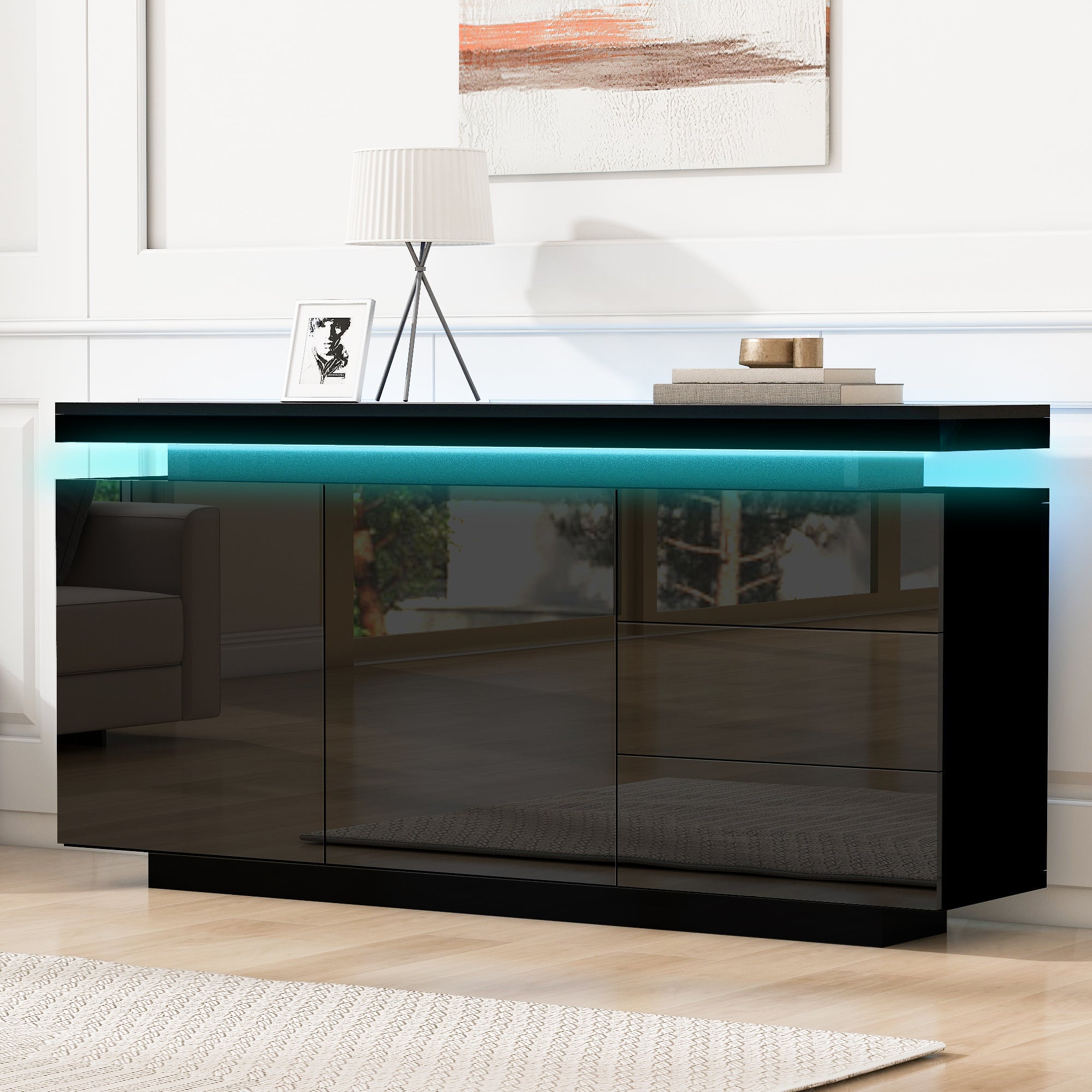 Modern Sideboard Cabinet High-Gloss LED Handleless 2 Doors 3 Drawers 140cm - Black