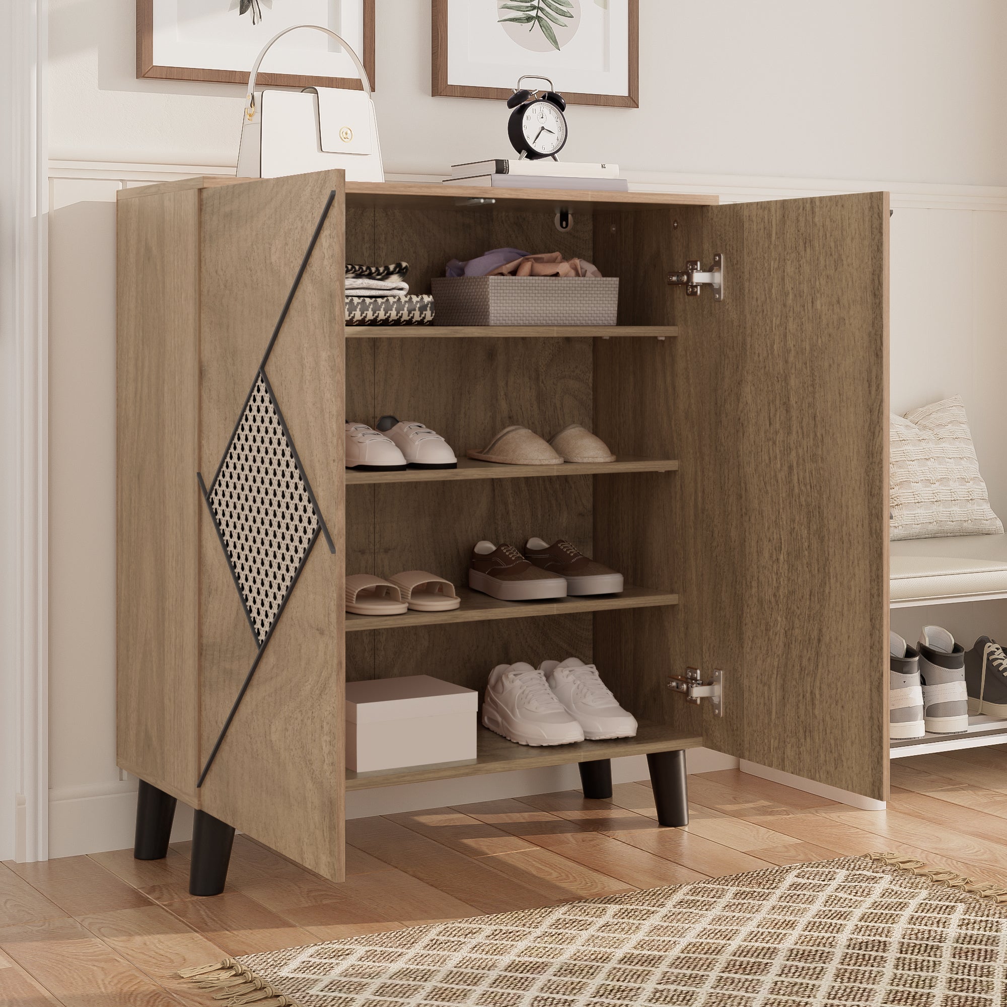 Modern Shoe Cabinet, 80x32x91 cm, Storage, Rattan Pattern, Wood Look