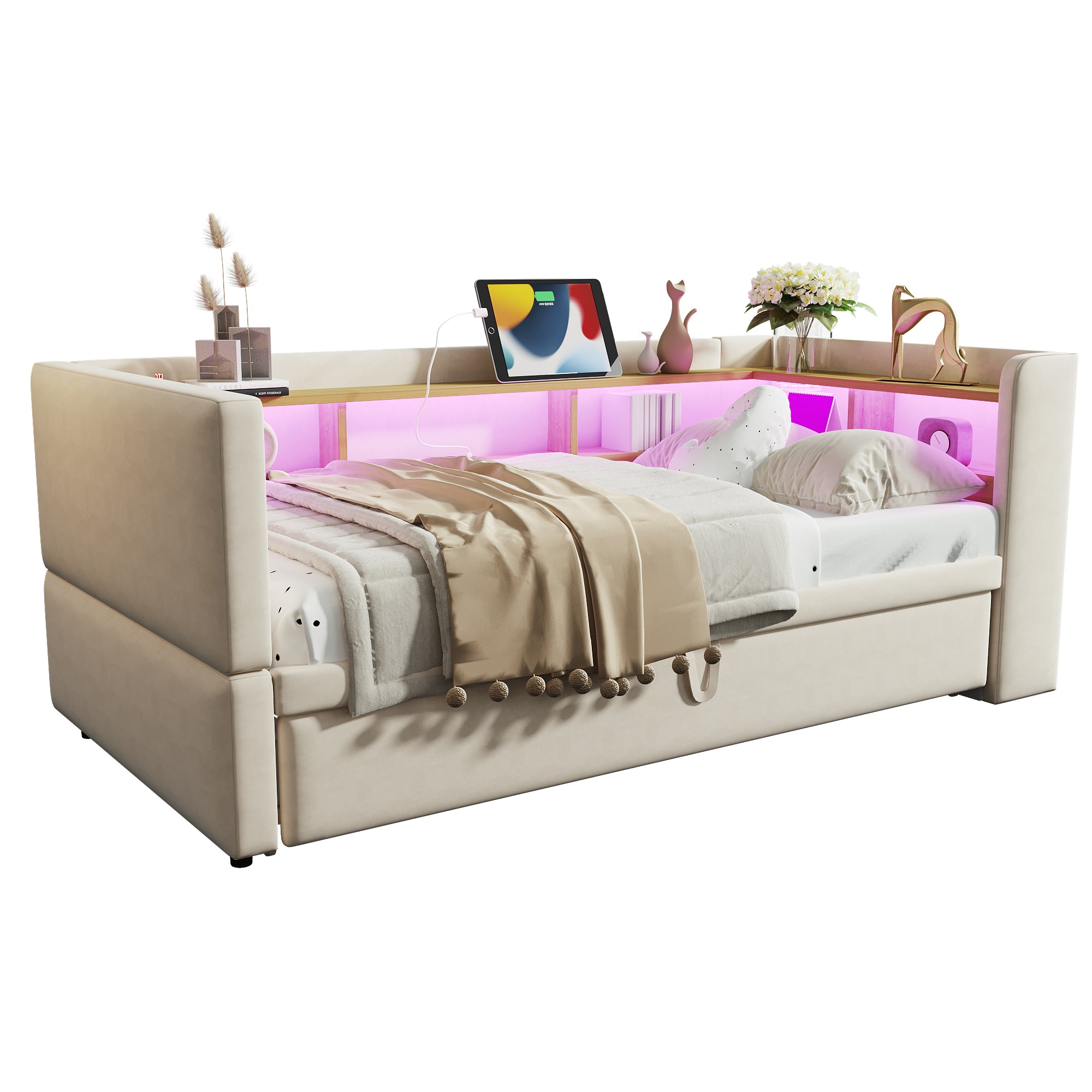 Upholstered Bed, Pull-Out Sofa Bed 90/180*190cm with LED Lights, Sockets & Storage - Beige