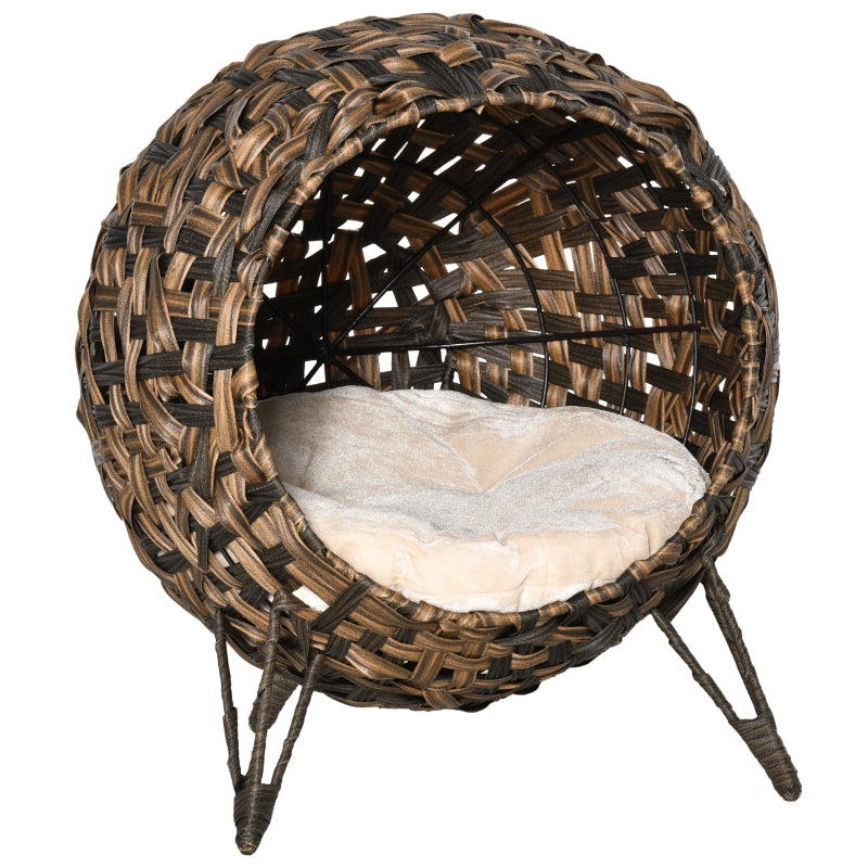 Rattan Cat House with Cushion, Raised Feet, Brown