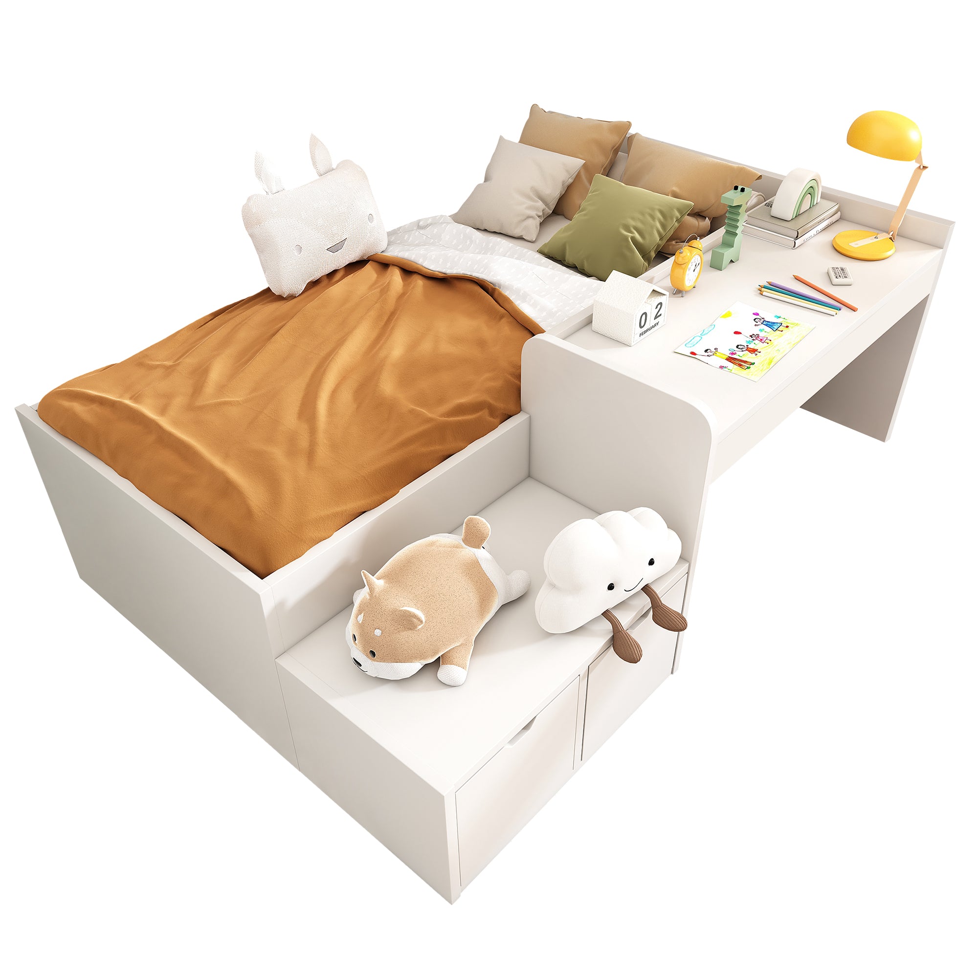 Children's Bed, Solid Wood Single with Desk & Drawers, White