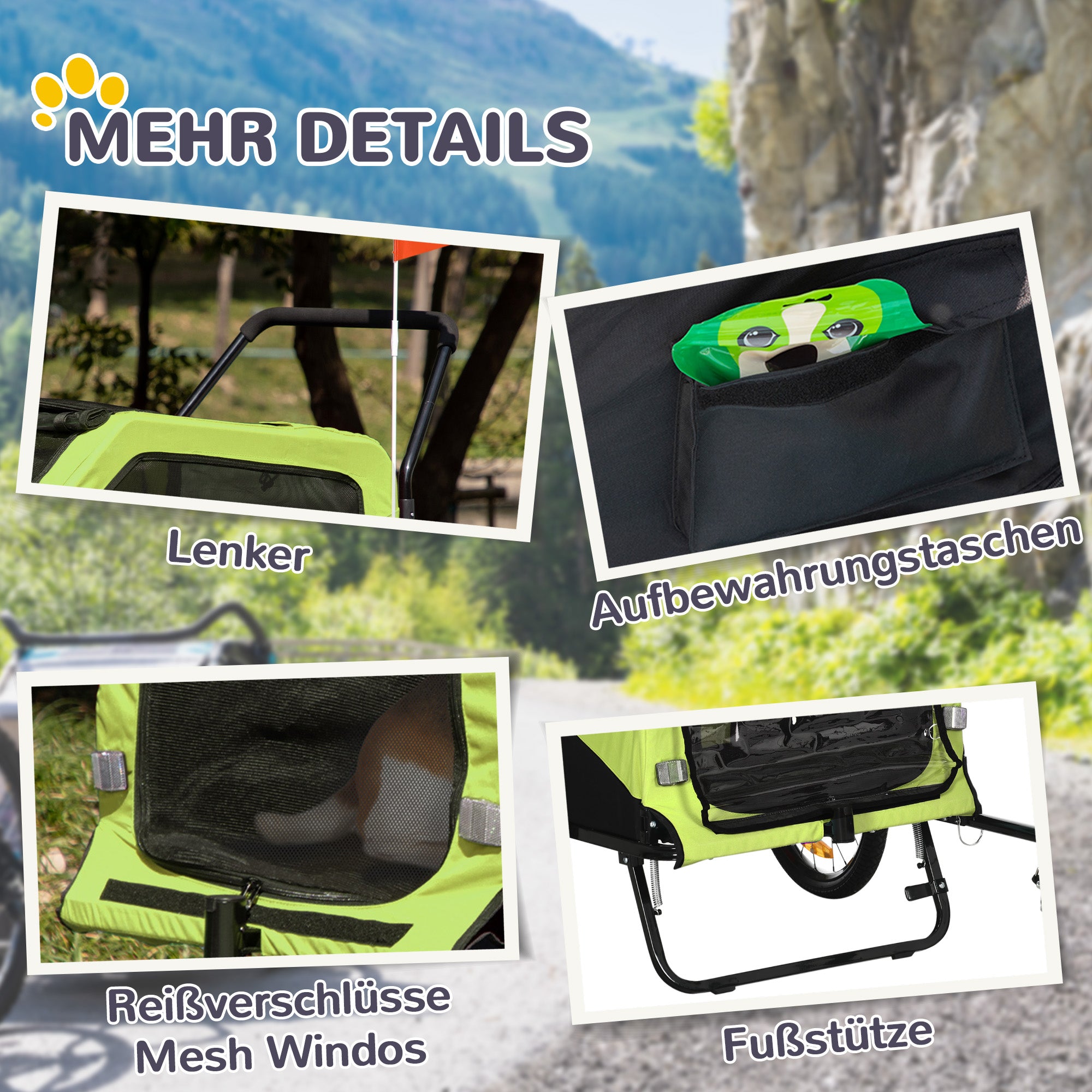 2-in-1 Dog Trailer/Stroller Bicycle Carrier Max 30kg, Oxford Fabric, Green