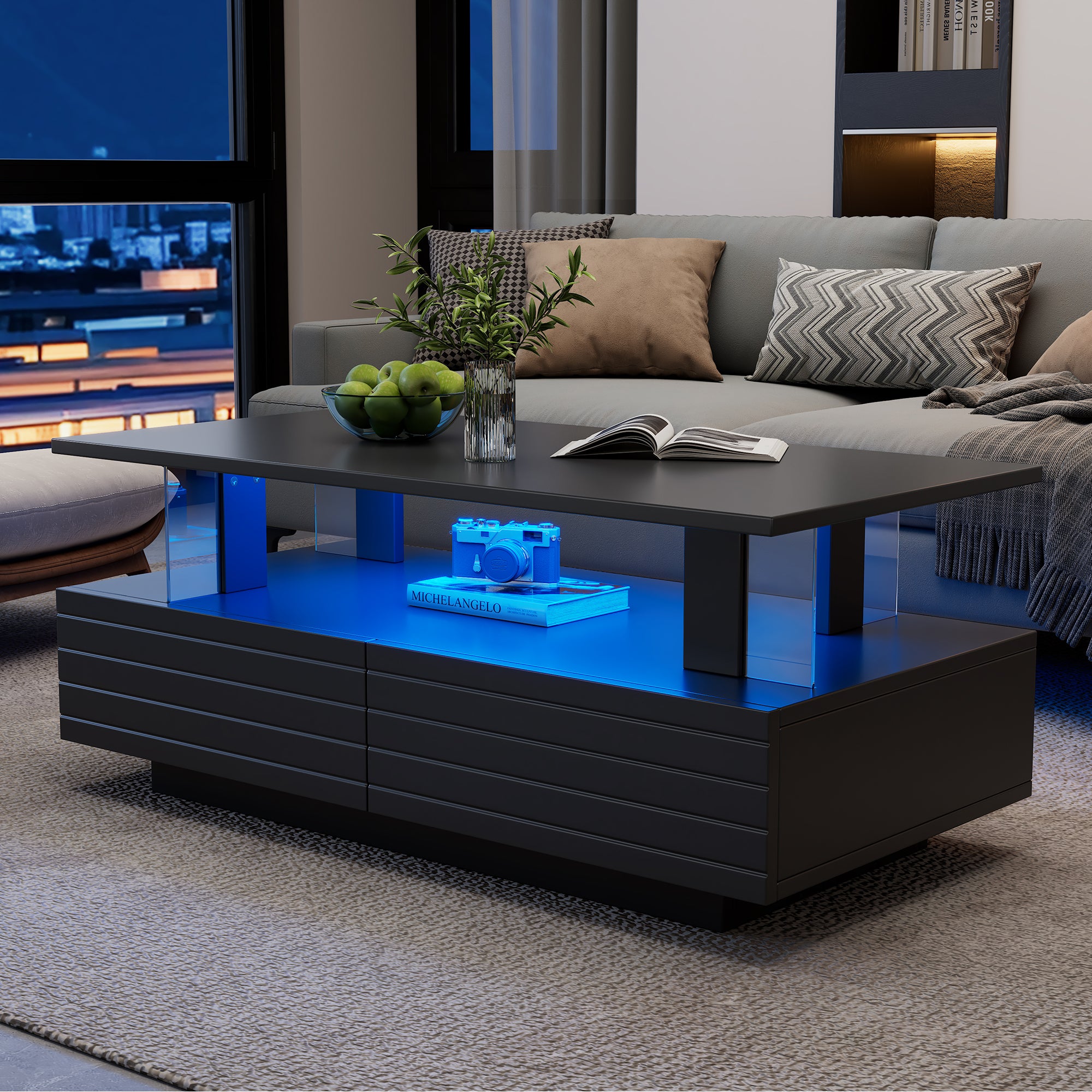 Coffee Table with LED and 2 Drawers, Black Particleboard + Acrylic