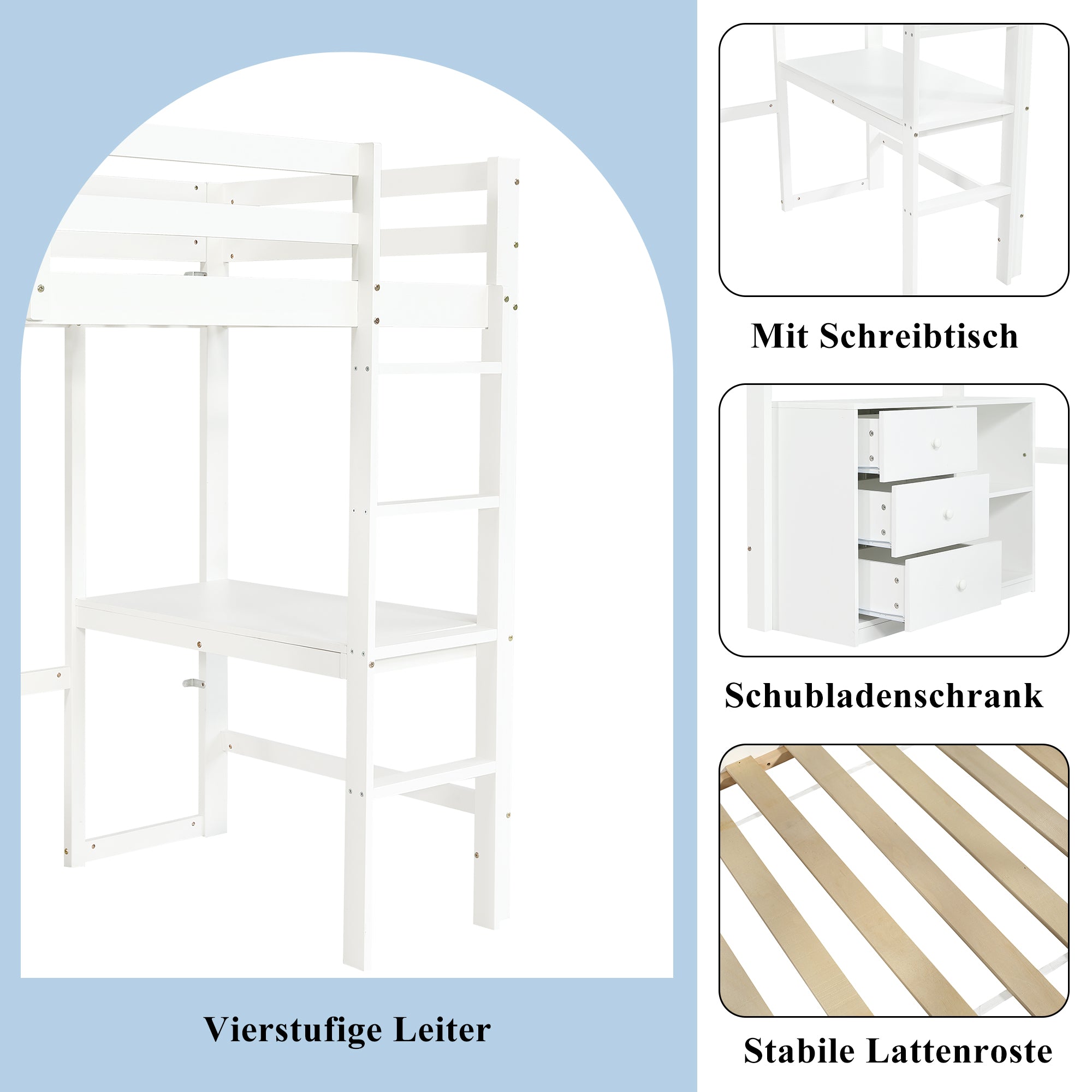 Children's Loft Bed Desk Storage Ladder, White Pine + MDF
