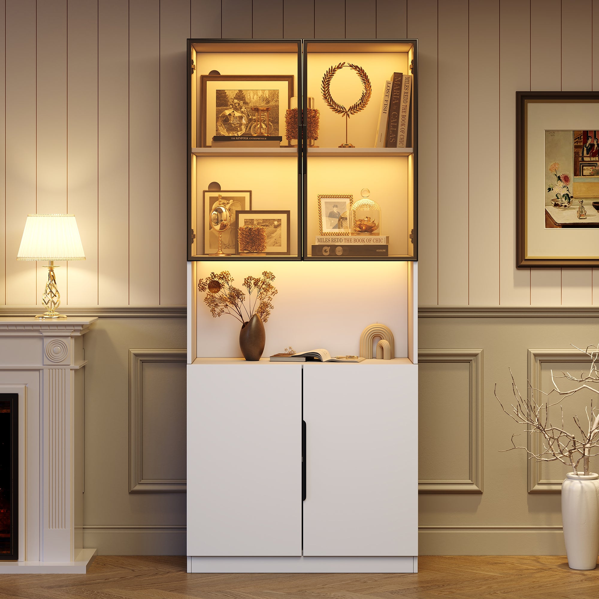 Display Cabinet, Glass Doors LED Lights Bookshelf, White