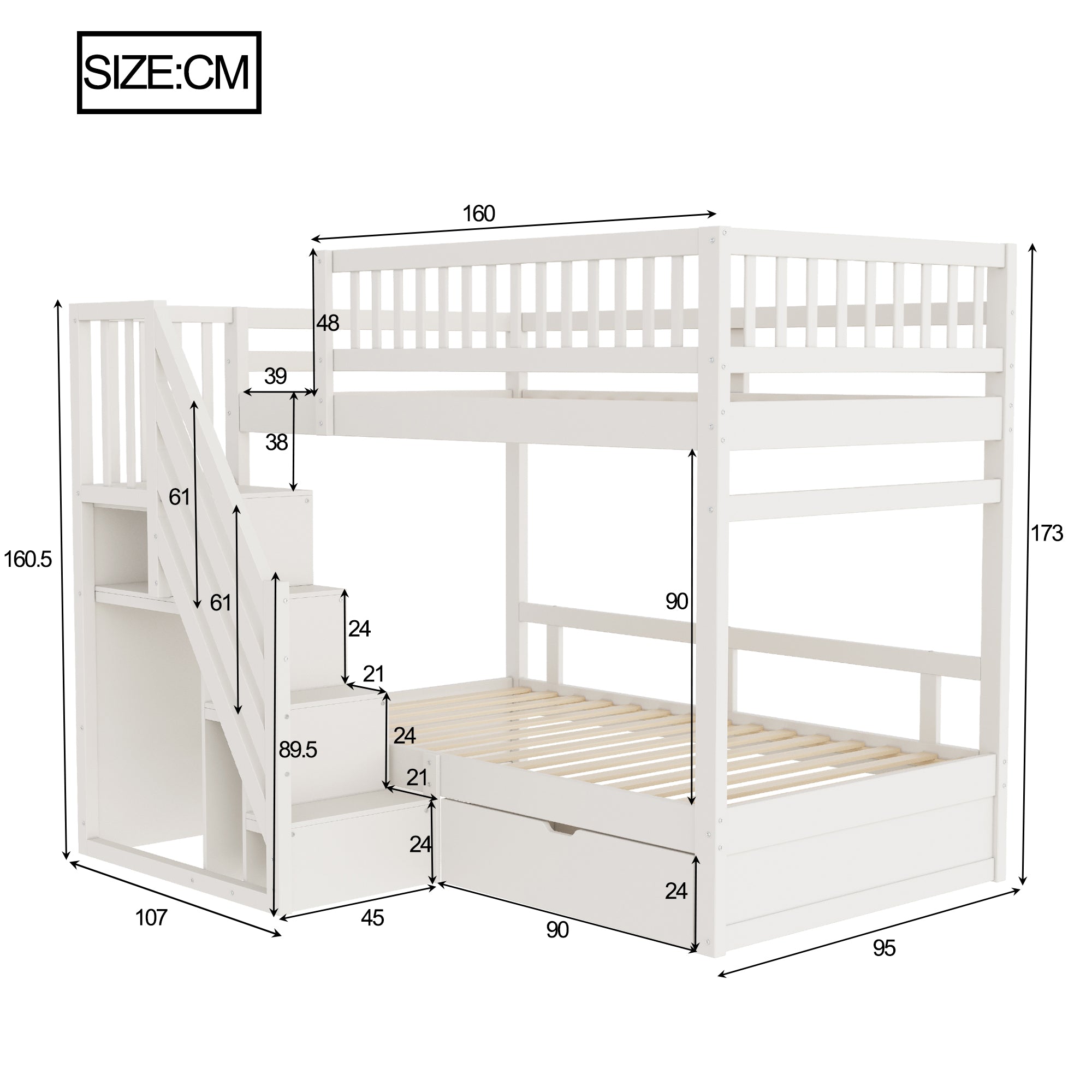 Bunk Bed, 90x200 cm, High Safety Rail, Storage Ladder & Drawers, Solid Wood, White