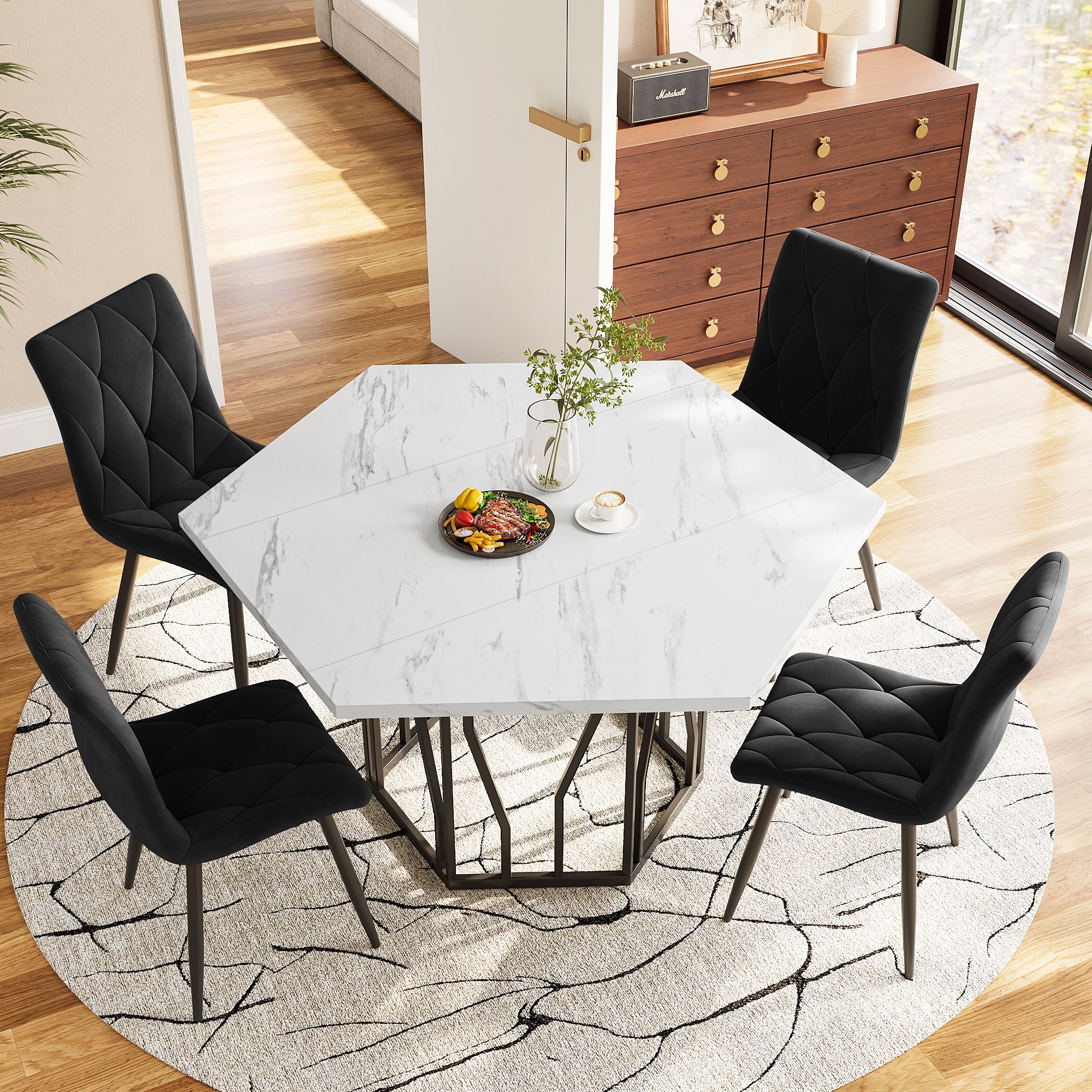 5-Piece Dining Set, Modern Hexagonal Marble Table with 4 Chairs, Black Velvet