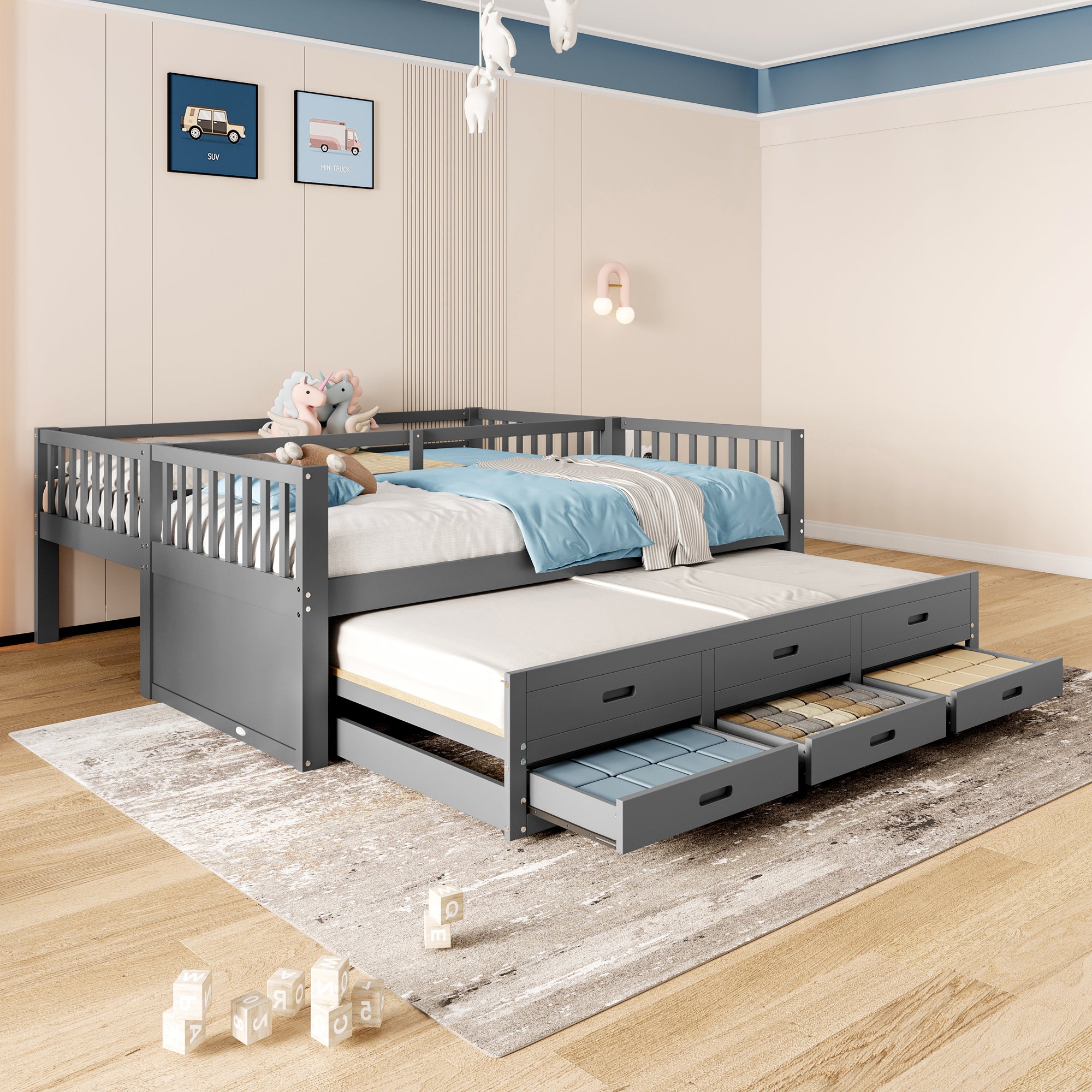 Bunk Bed 90x200cm House with Pull-Out Bed, Ladder & 3 Drawers, Pine Wood/MDF Grey