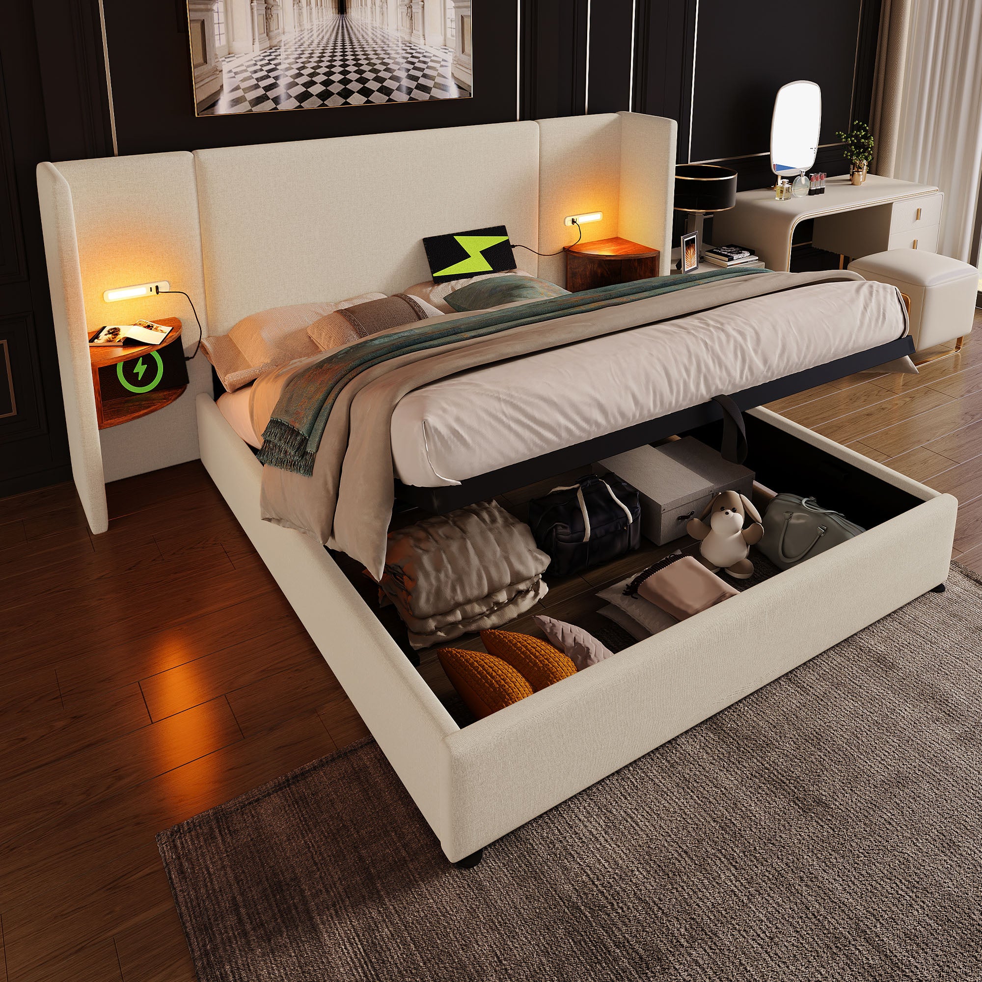 Upholstered Double Bed 180x200 with Bedside Table, Reading Lamp, USB-C Charging, Beige Linen