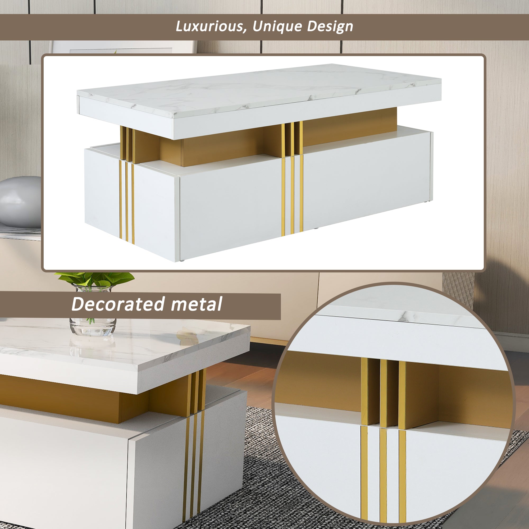 Modern rectangular coffee table with high gloss top and 2 wooden drawers, marble tabletop