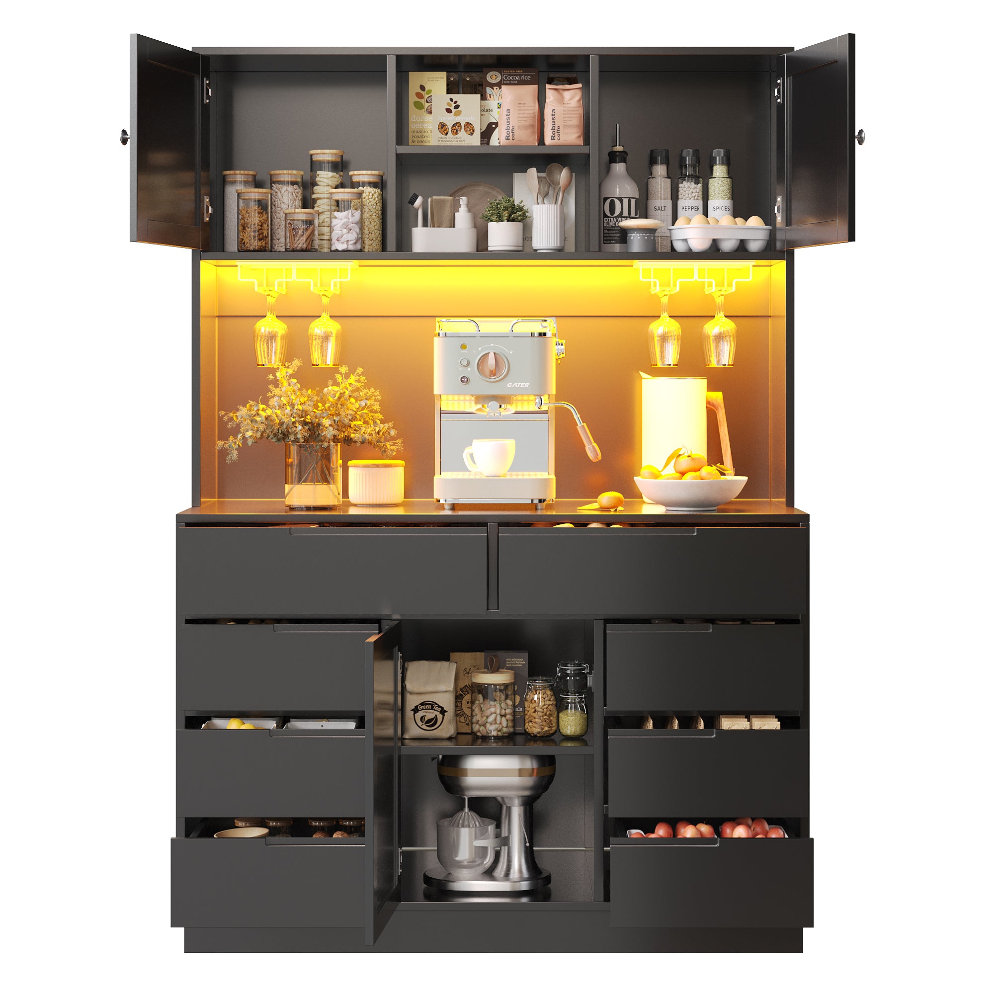 Tall Cabinet 120x40x183.5cm Smart LED Lighting 8 Drawers Adjustable Shelves Black