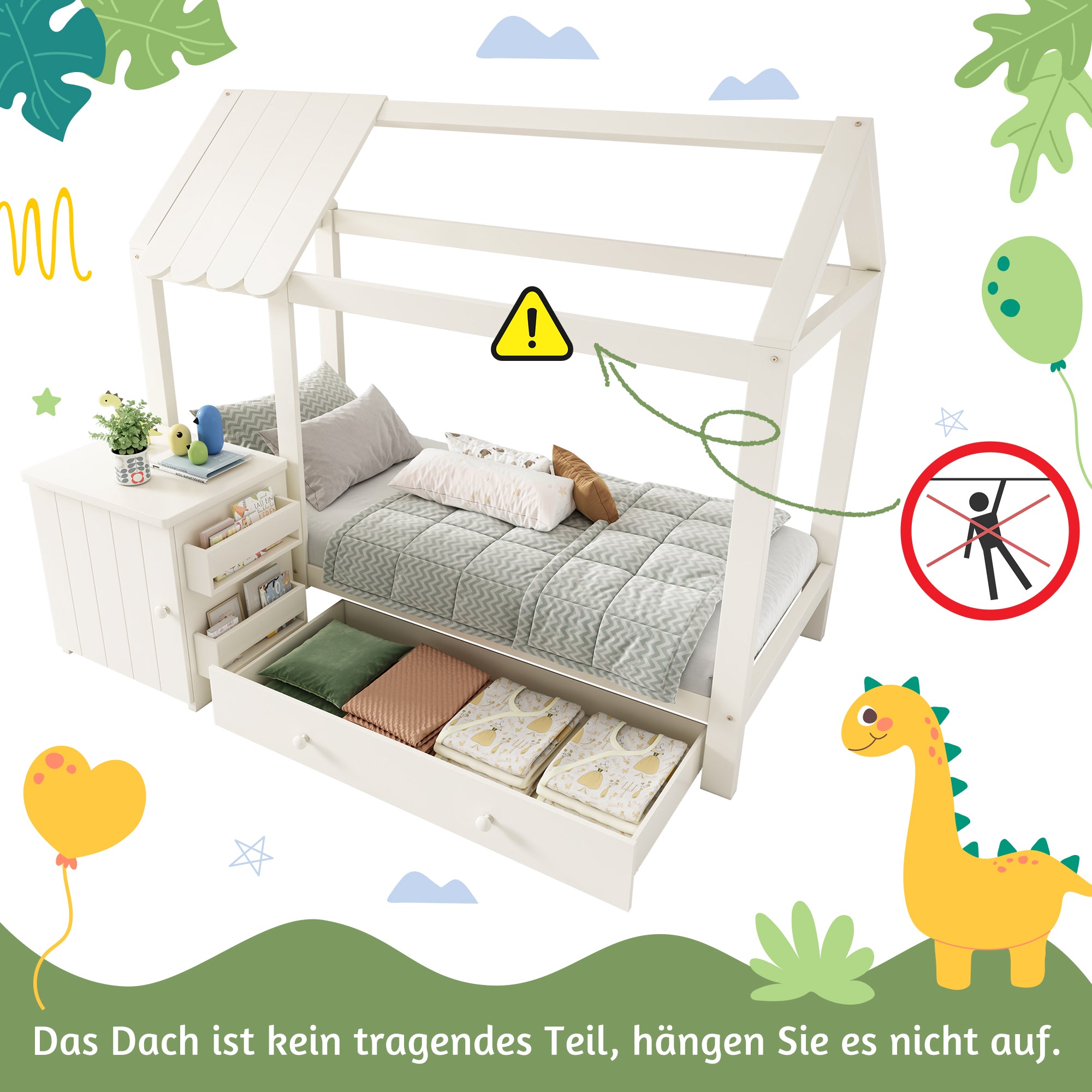 House Bed Children's Bed 90x200 cm, Solid Wood with Drawers & Removable Bedside Table, White
