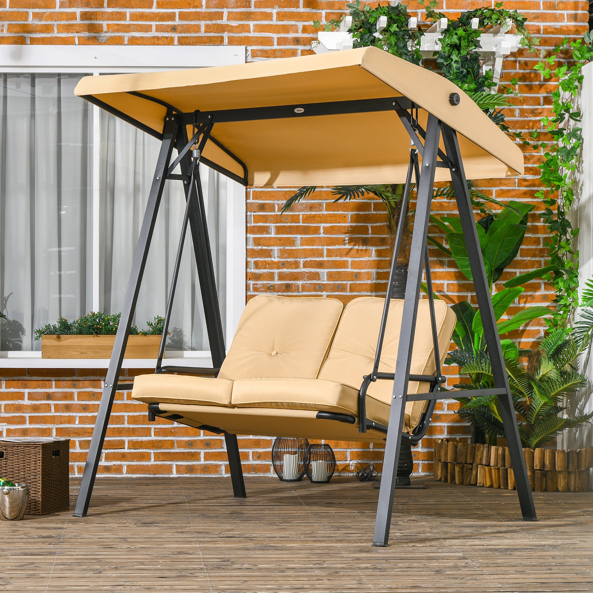 Outsuuny Hollywood Swing 3-Seater Adjustable Sunshade 220kg Load Capacity, Beige