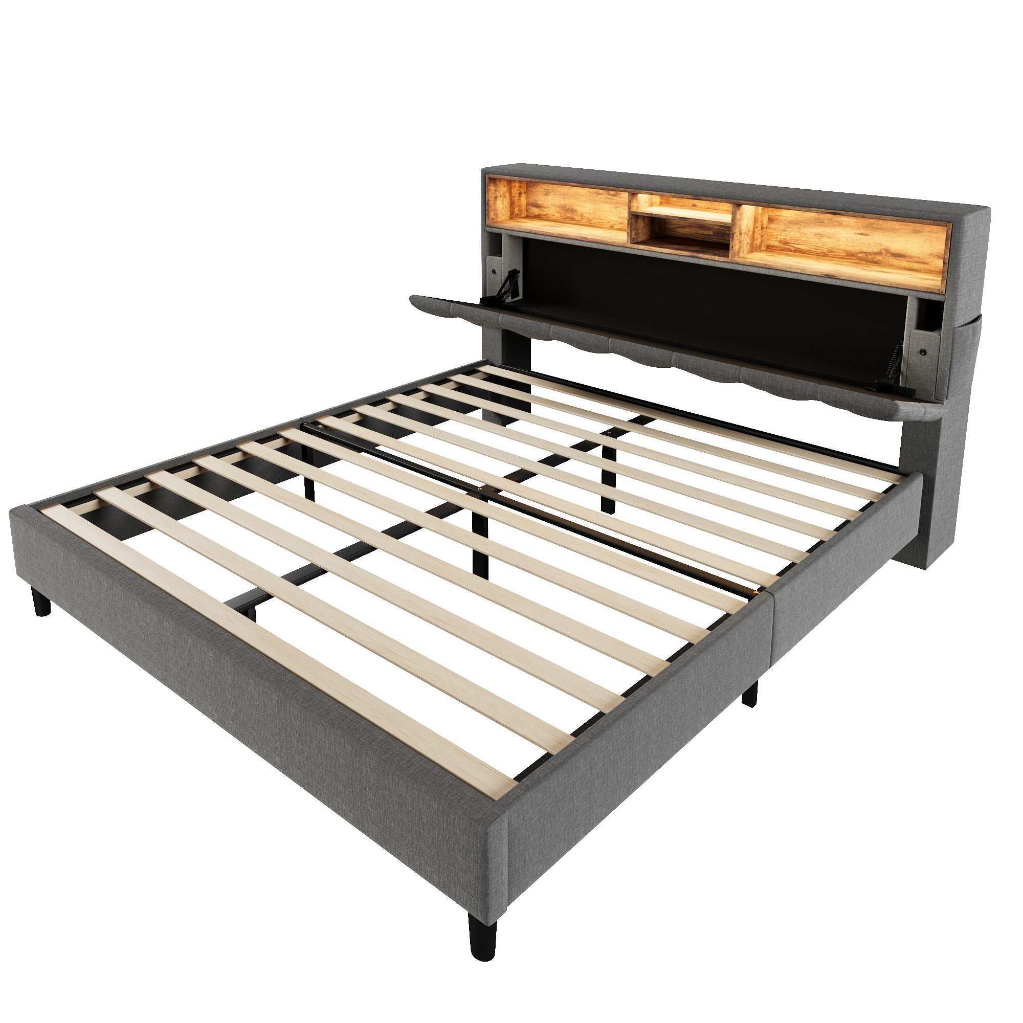 Upholstered Double Bed, Storage Headboard LED Lighting Wooden Frame 140x200cm, Grey