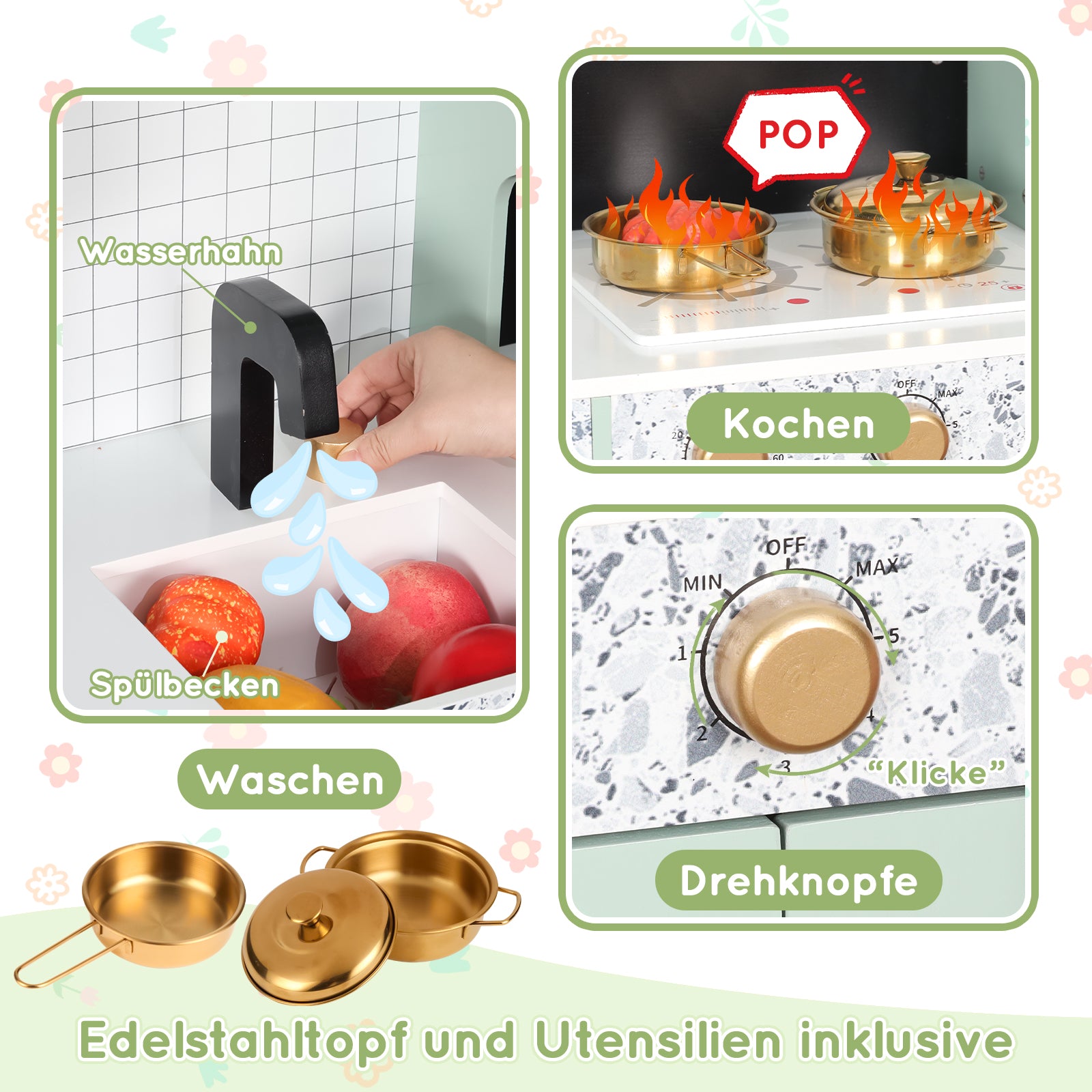 Children's Play Kitchen with Accessories and Creative Design, Green Wood and Plastic