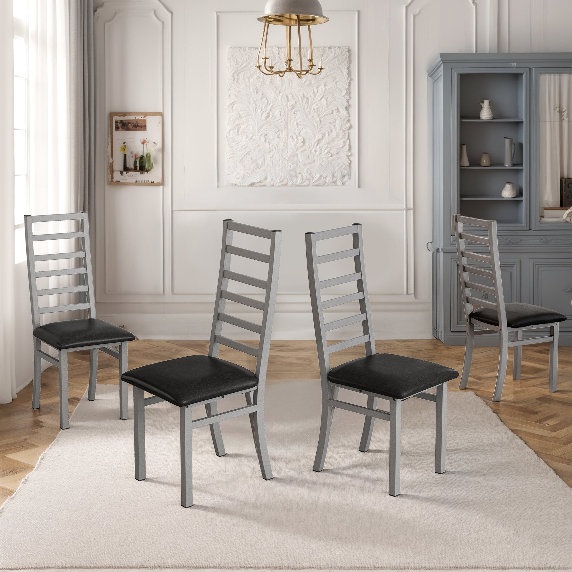 Dining Chairs - Set of 4, High Back Armless, Steel & PU Leather, Grey