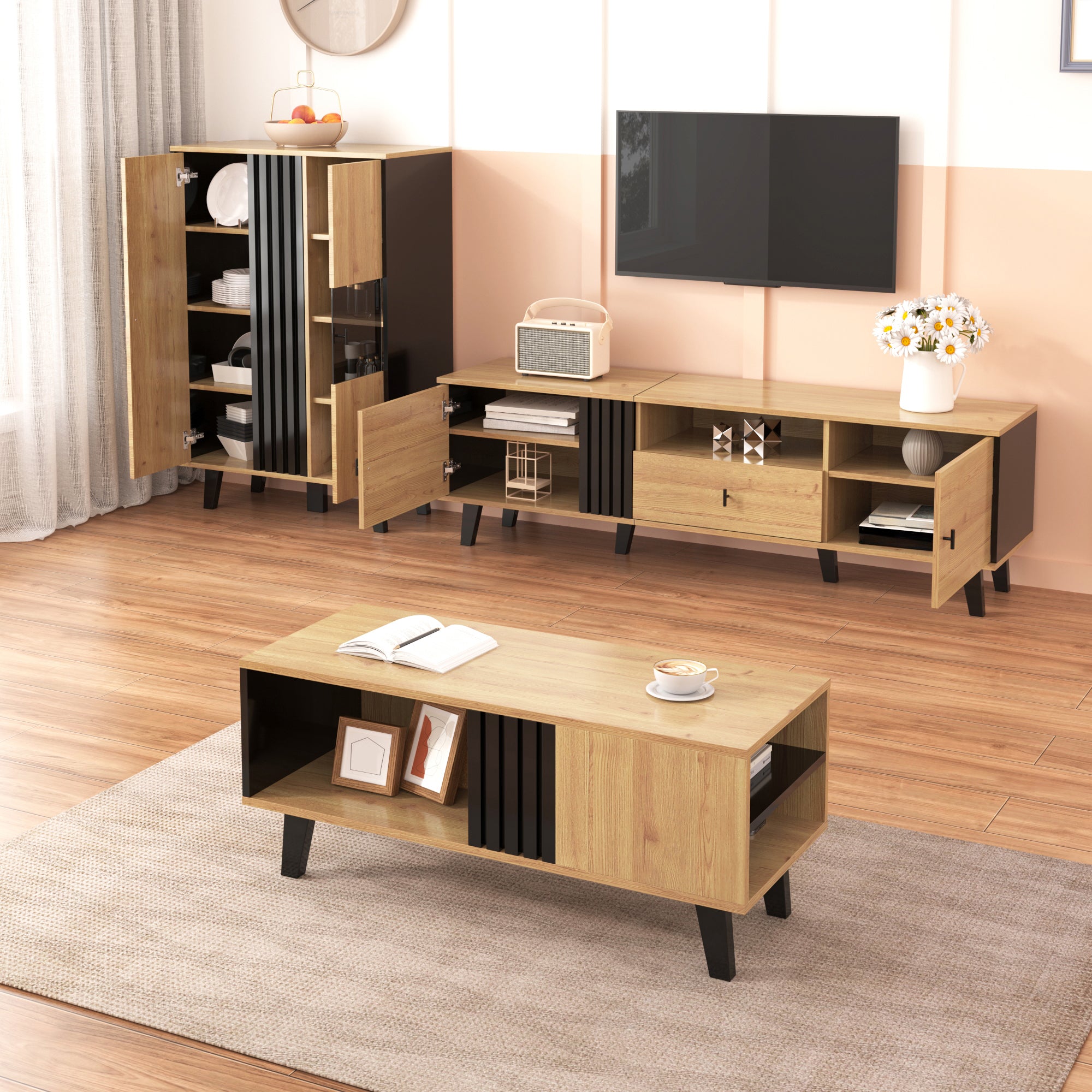 Living Room Furniture Set, 3-Piece Coffee Table TV Cabinet Sideboard Modern Design, Wood and Black