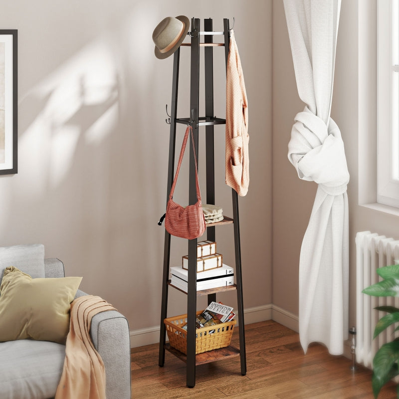Coat Stand, Four Shelf Industrial Style - Brown/Black