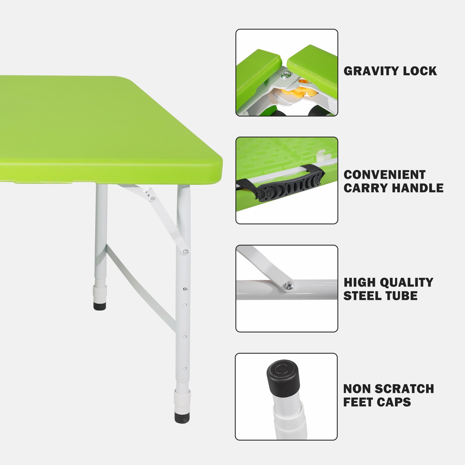 Portable Heavy Duty Folding Table with Handle, Adjustable Height, Multi-Functional for Camping, Picnic, Parties, Indoor/Outdoor, 125cm, 135kg Capacity, Green