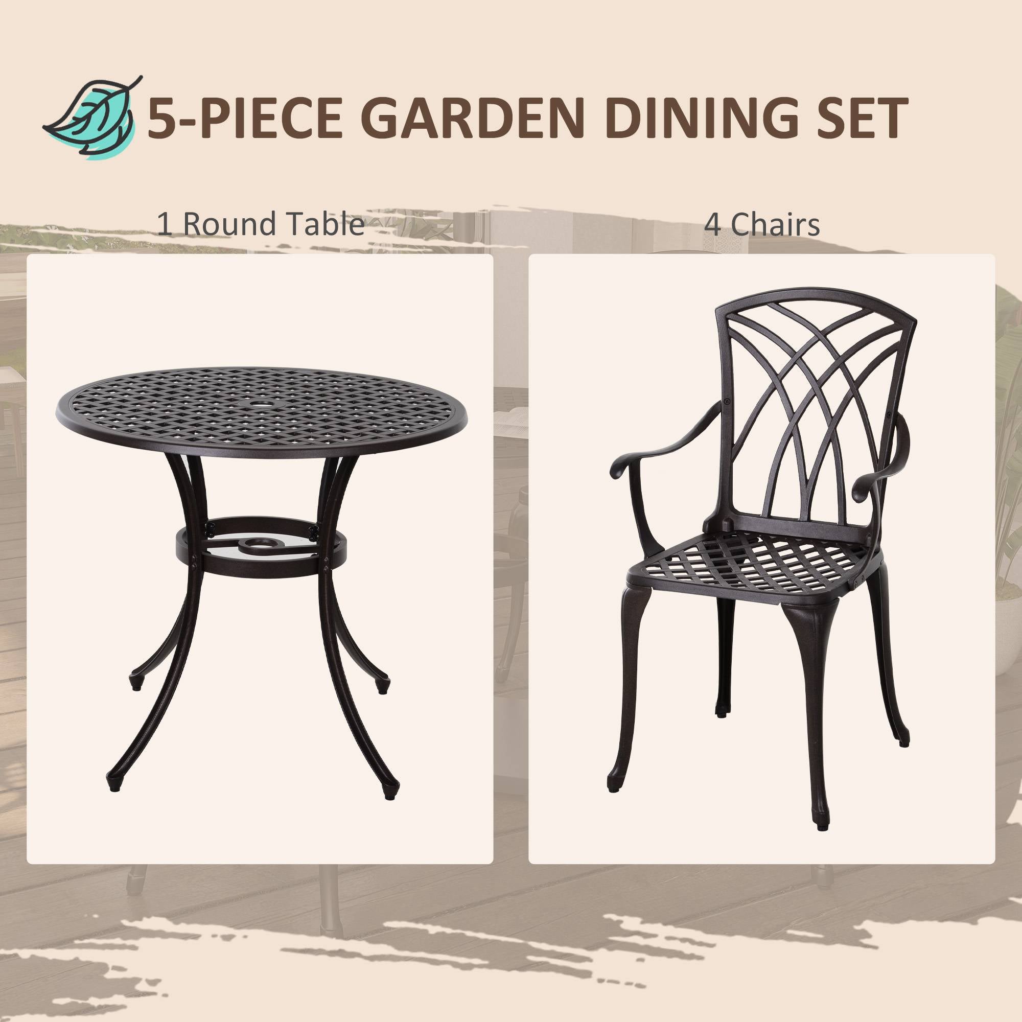 5 Pieces Garden Dining Set for 4, Cast Aluminium with Parasol Hole, Brown