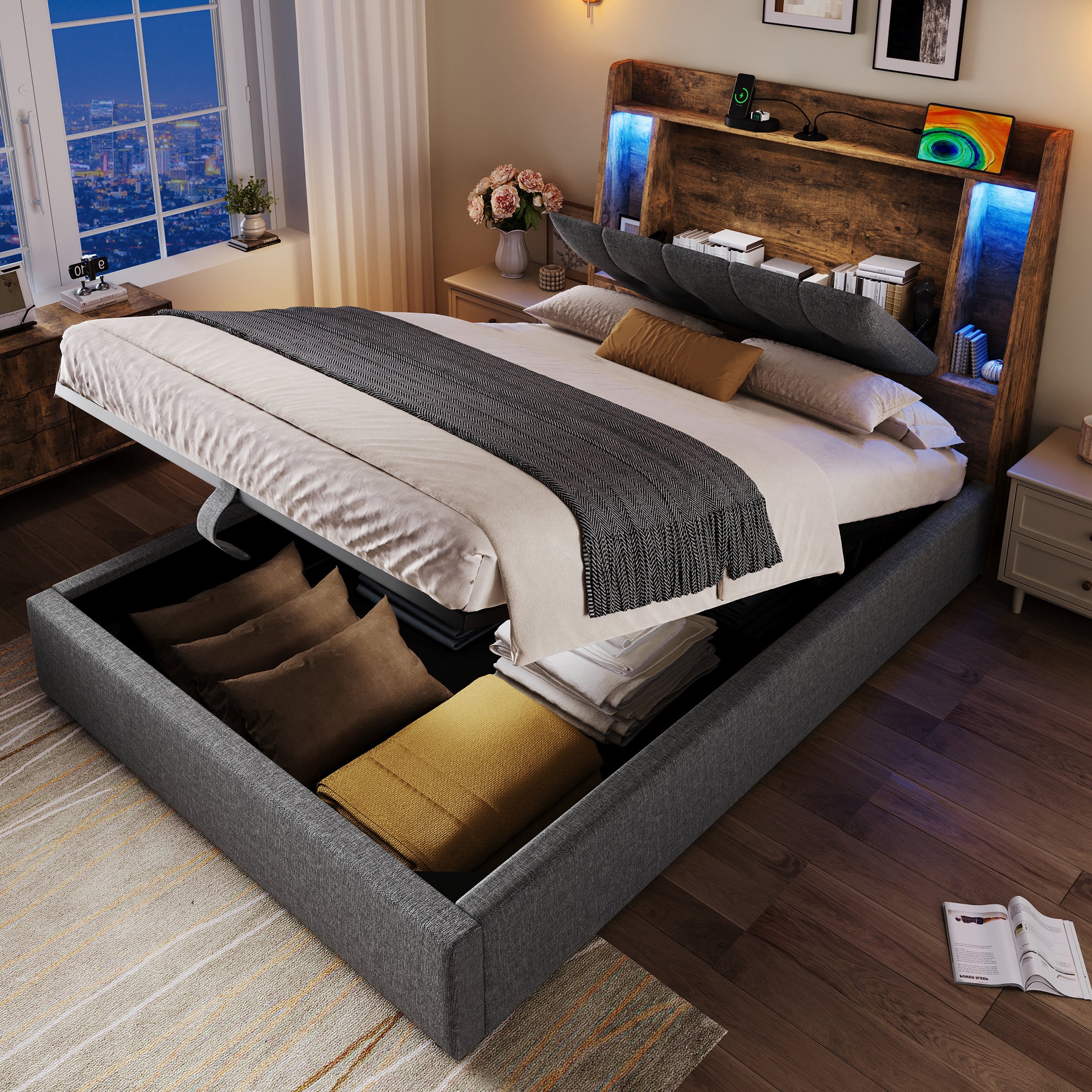 Upholstered Bed 90x200cm Flip-Top Storage LED USB/Type-C App Control - Linen Grey