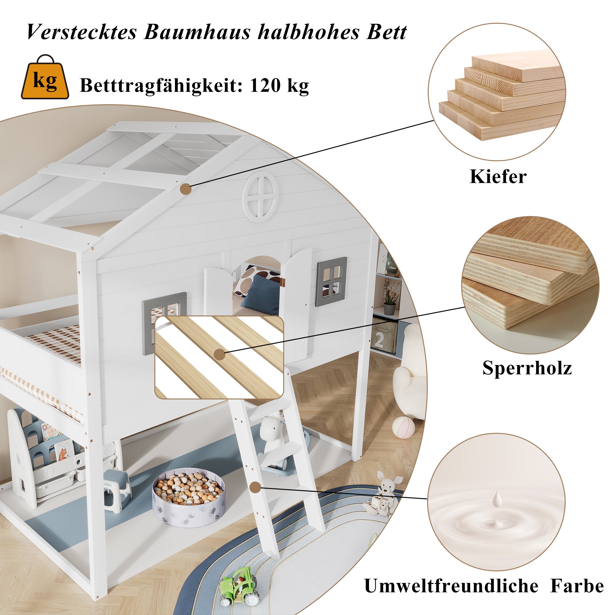 House Bed, Stairs, Safety Rail & Gate, Pine & MDF, White & Grey