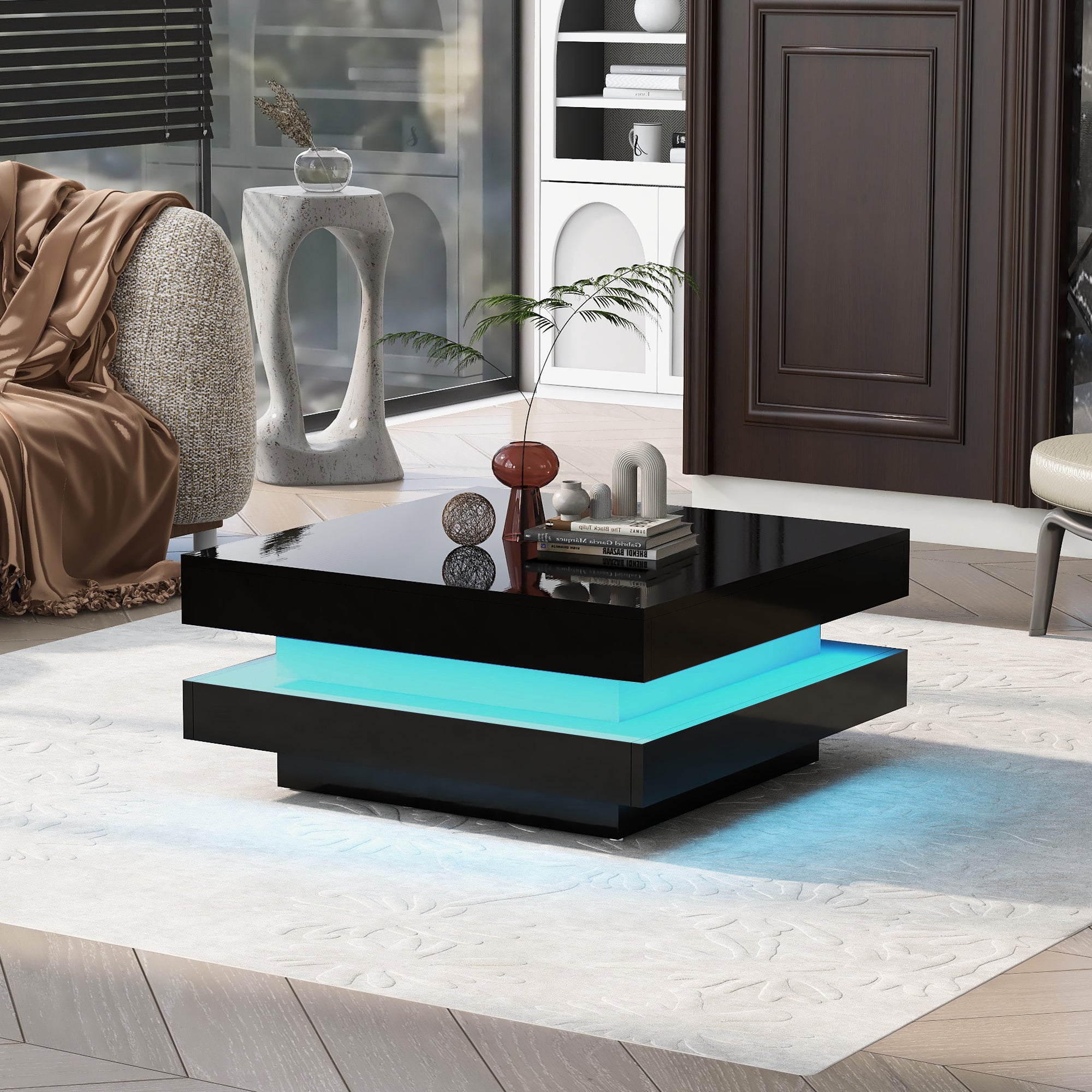 Square Coffee Table Rotating Top 16 LED Lights - High-Gloss Black