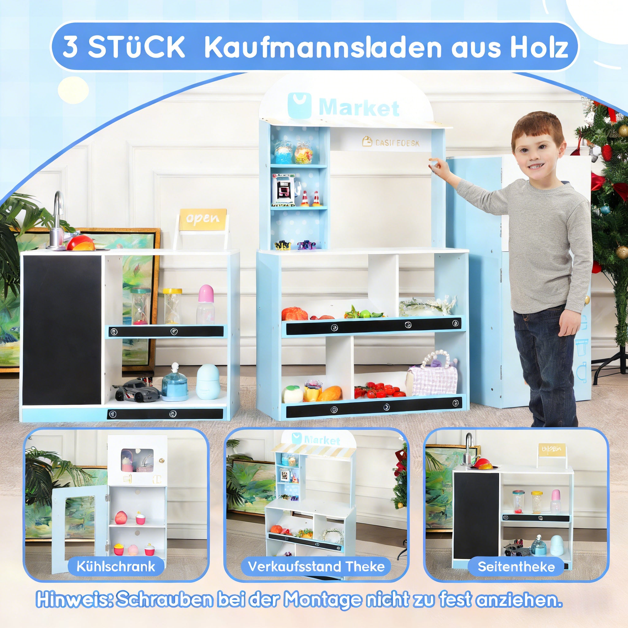 Children's Toy Shop with Shelves, Refrigerator and Chalkboard, Wood and Plastic, Blue