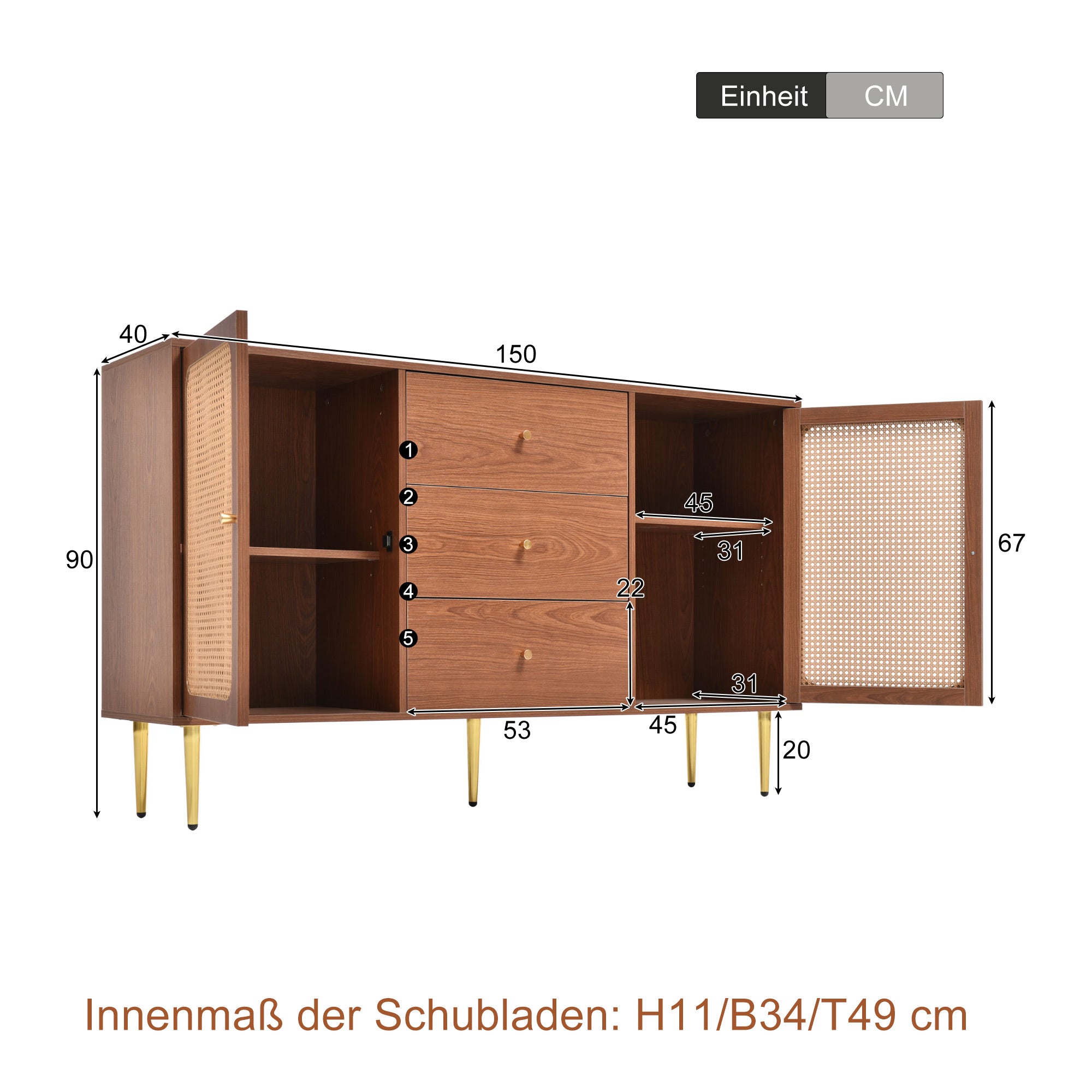 Chest of Drawers, 2 Doors, 3 Drawers, Rattan, Adjustable Shelf, Walnut