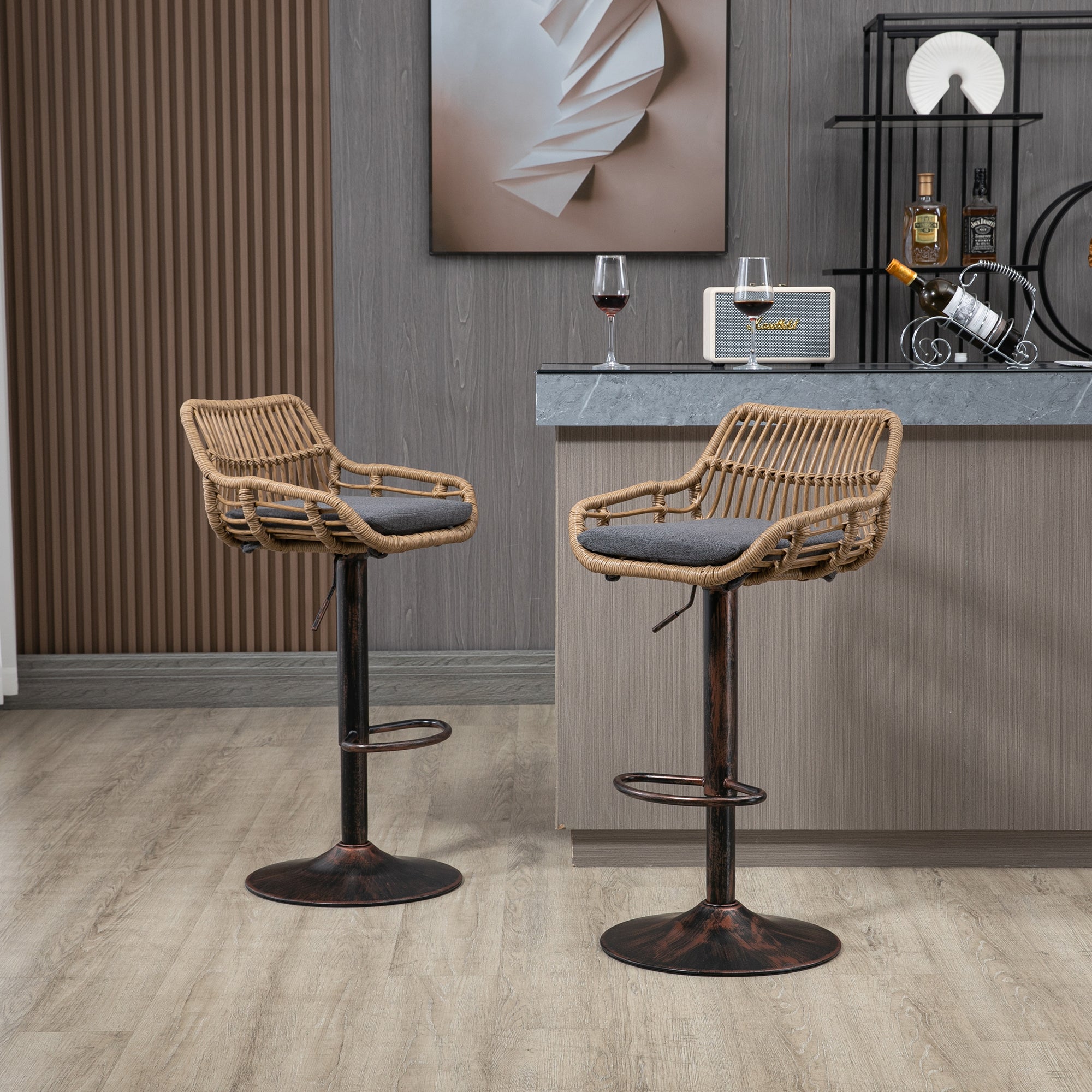 Modern Bar Stool Set of 2, Adjustable, Footrest, Gray