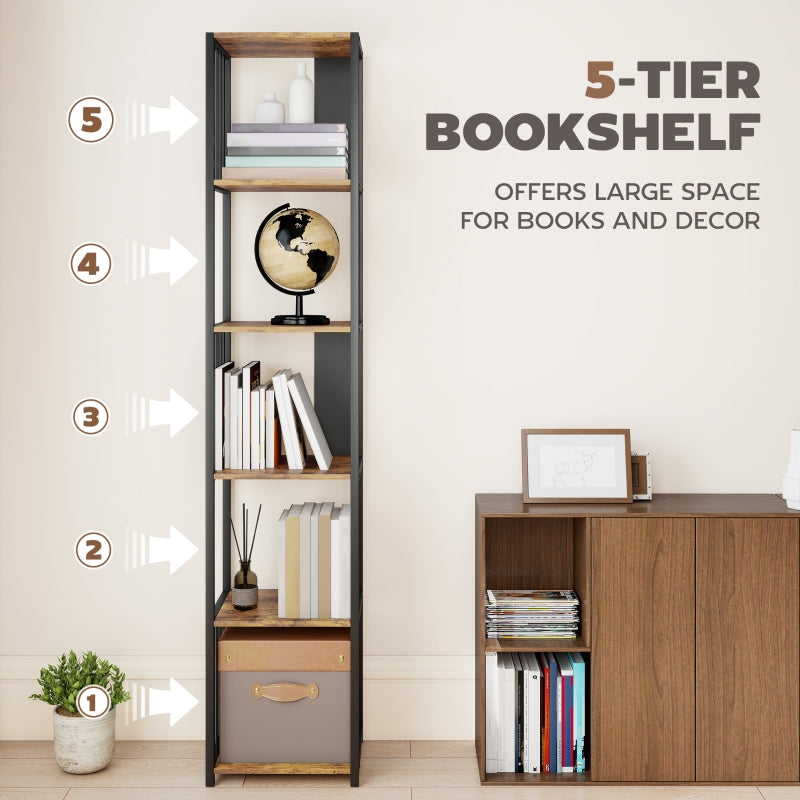 Bookshelf 5-Tier Steel Frame Rustic Brown
