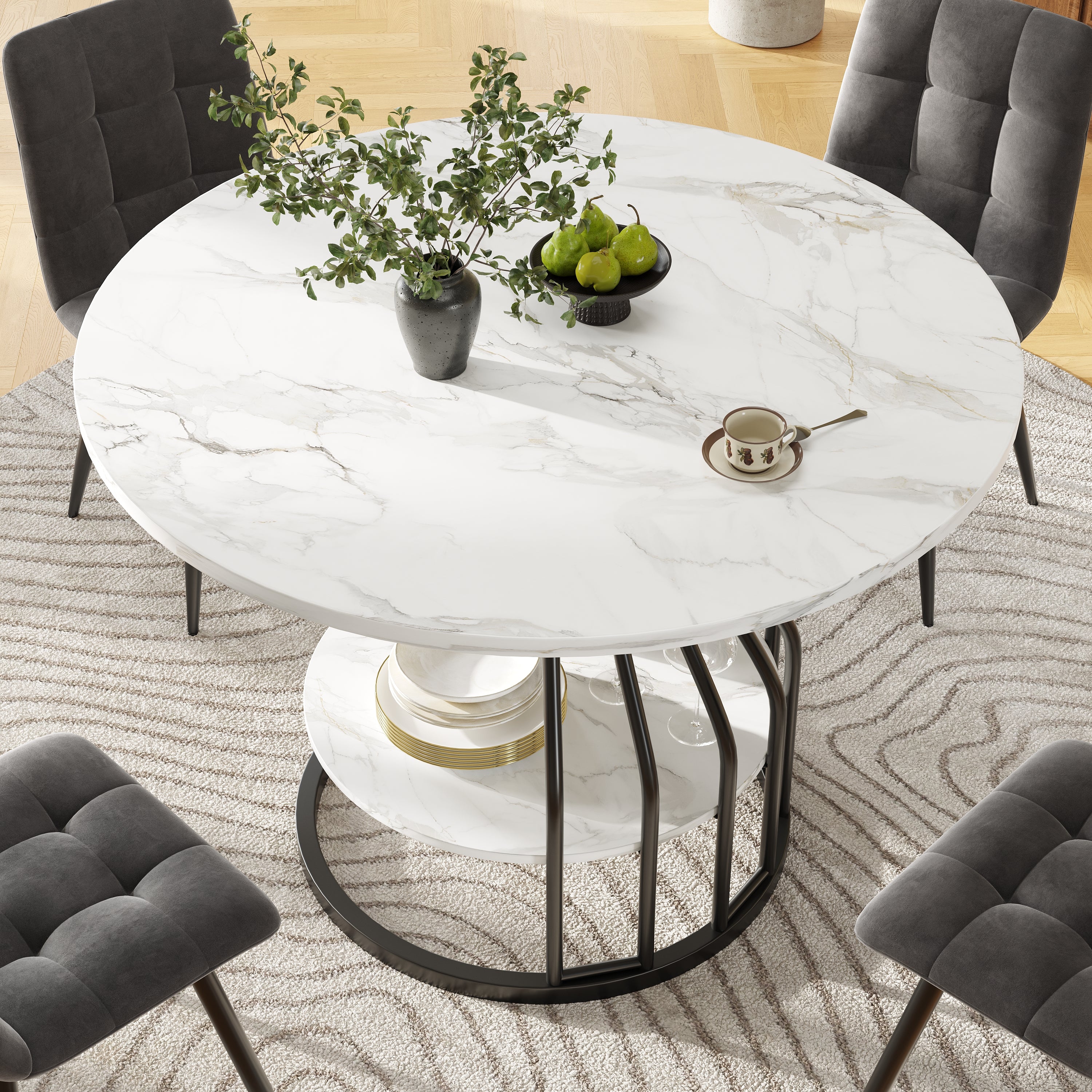 Round Dining Table, 4-Person Storage Shelf MDF Marble, Black