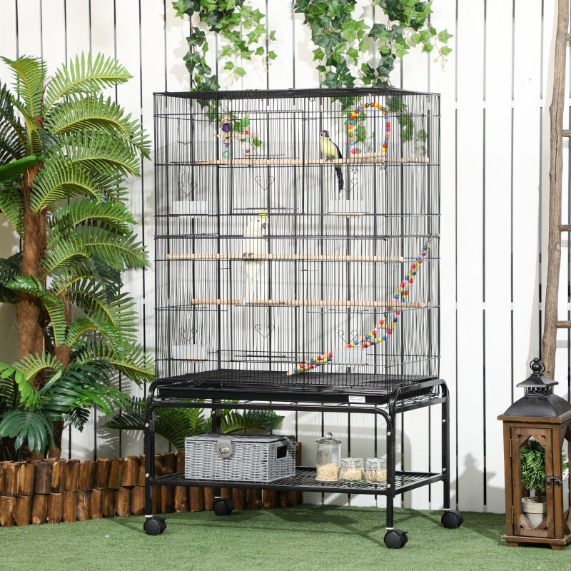 Large Bird Cage Budgie Cage with Stand, Wheels, Accessories, Storage Shelf - Black