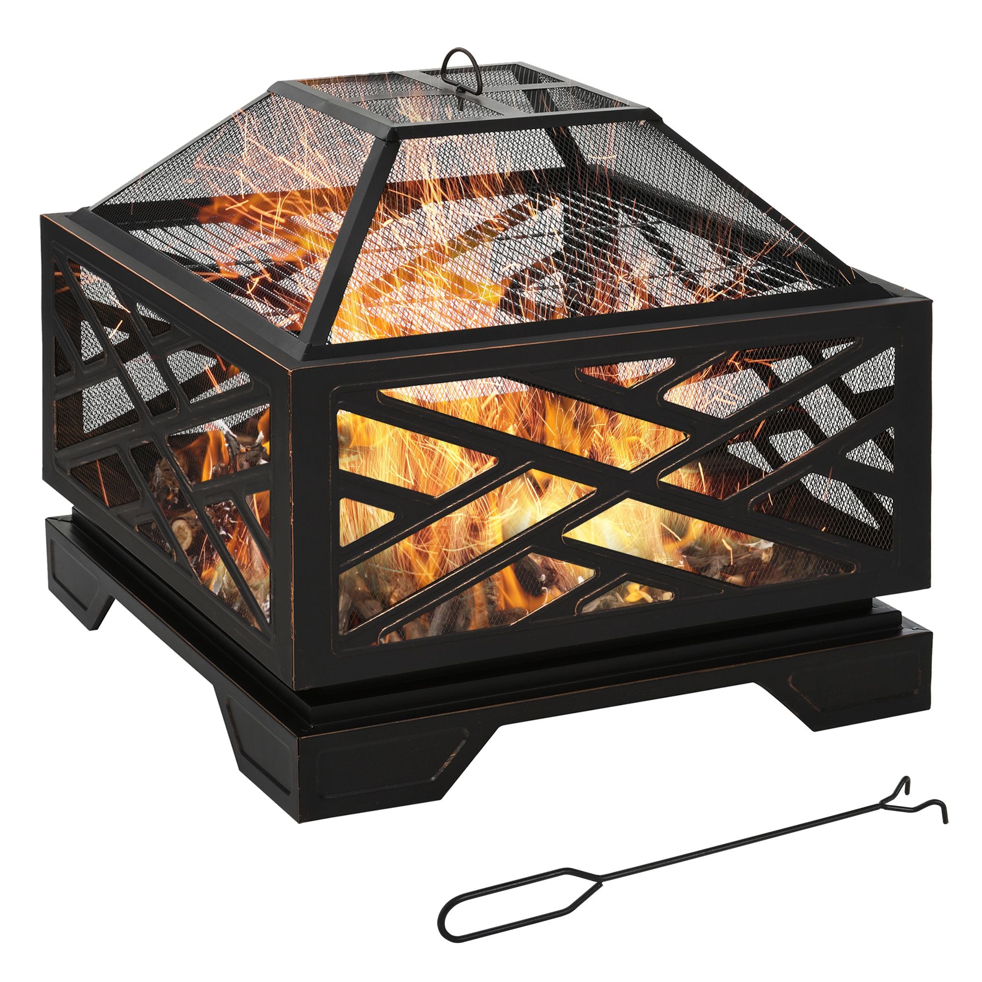 Fire Bowl with Spark Guard, Fire Basket with Grill Grate & Poker, 2-in-1 BBQ Grill, Metal, Black