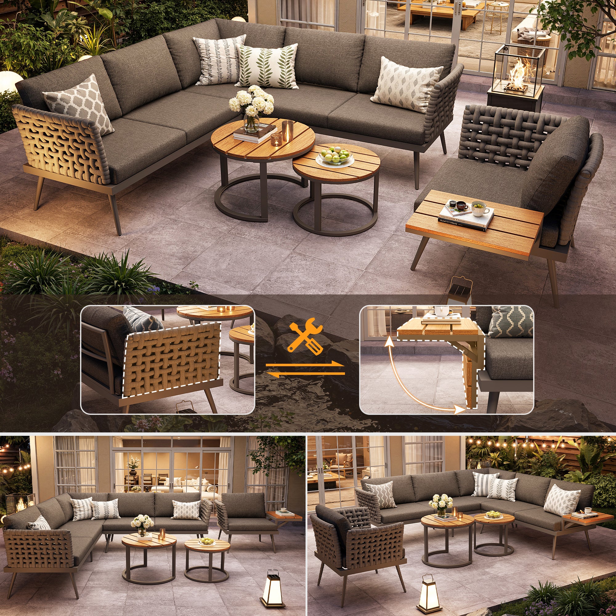 L-Shaped Garden Sofa Set with Coffee Tables and Armchairs, Grey and Beige