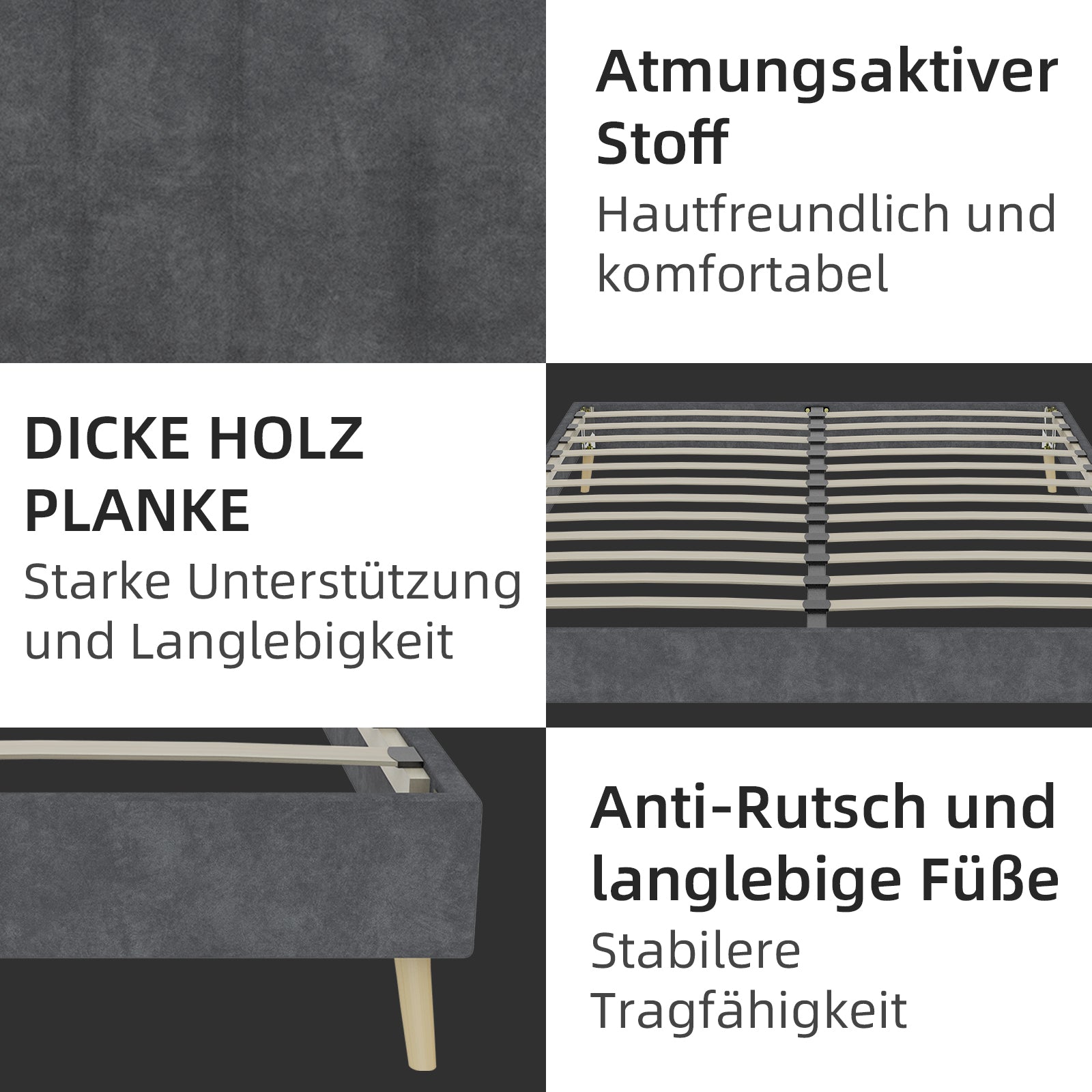 Modern Minimalist Bed Frame, 140x200 cm Low-Profile Base, Dutch Velvet Grey